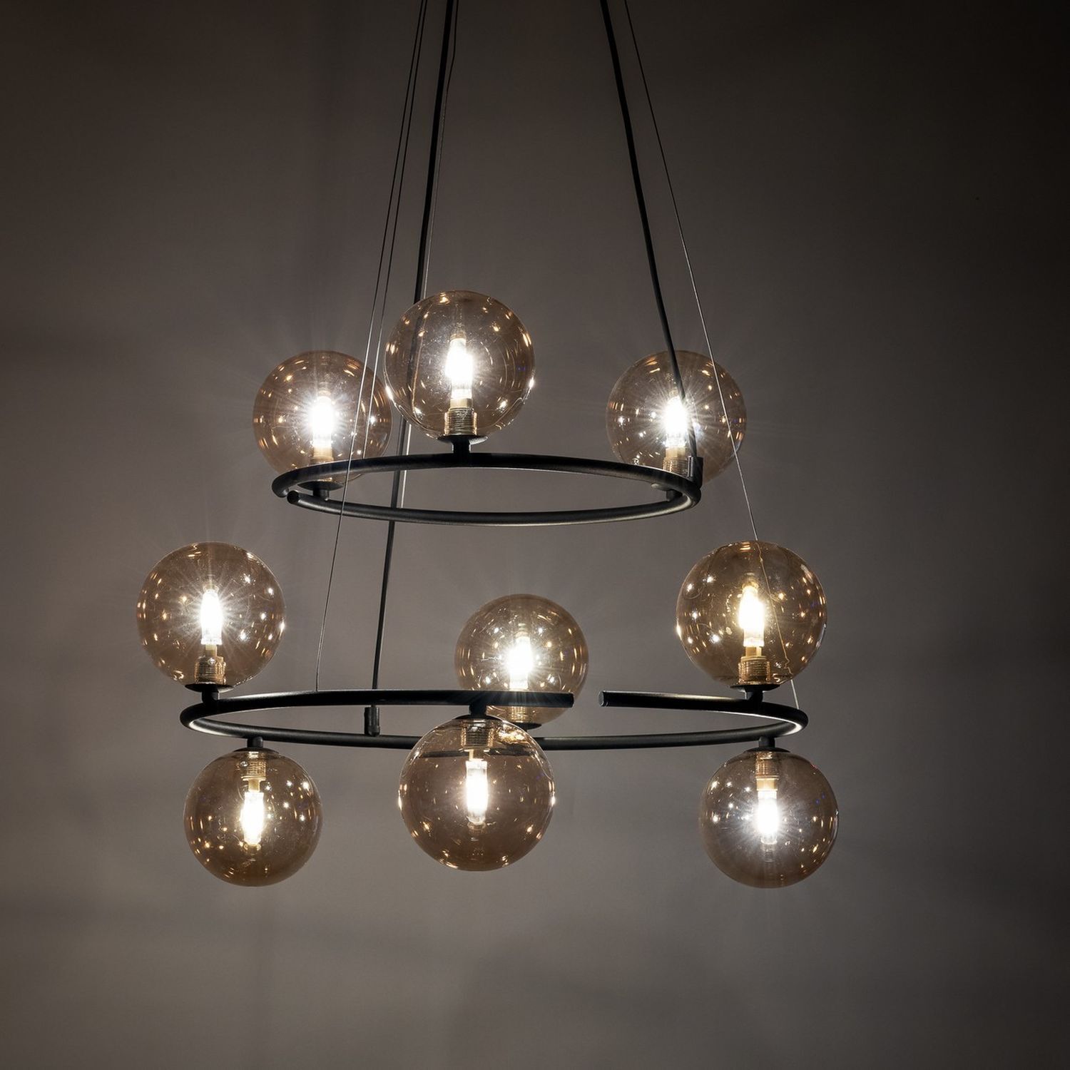 Suspension métal verre fumé G9 noir graphite 2 anneaux