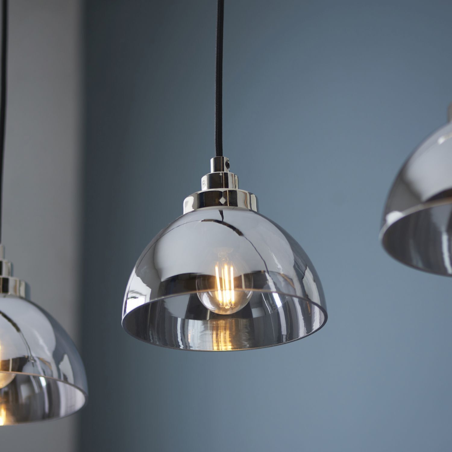 Lampe à suspendre verre métal 3 flammes en chrome rétro E27