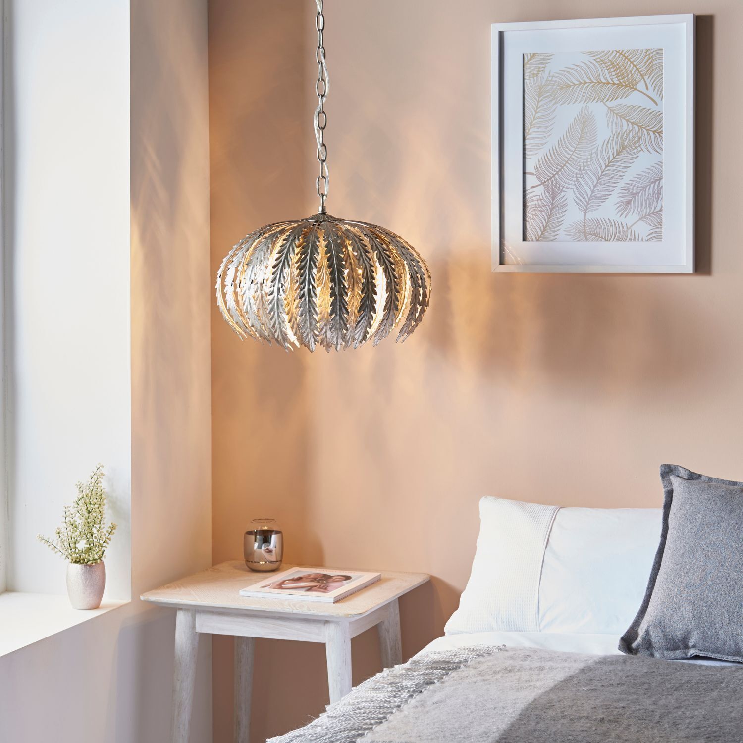 Suspension métal Ø 45 cm rond feuille d'argent 3x E14 Floral