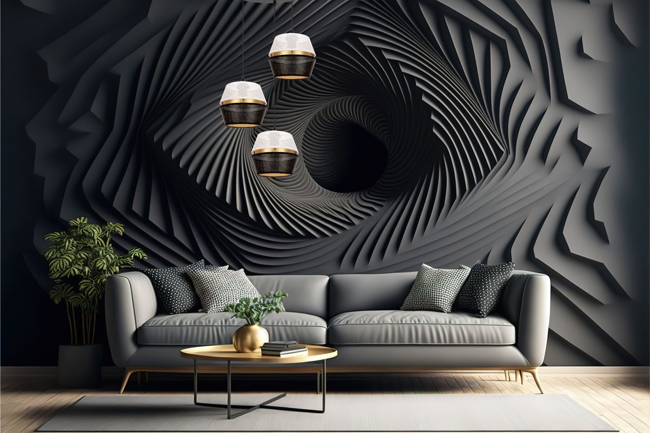 Hängelampe Schwarz Weiß Gold Metall B:45 cm E27 3-flmg Drinnen, Innenarchitektur, Wohnzimmer, Dekoration Ihres Zuhauses, Couch