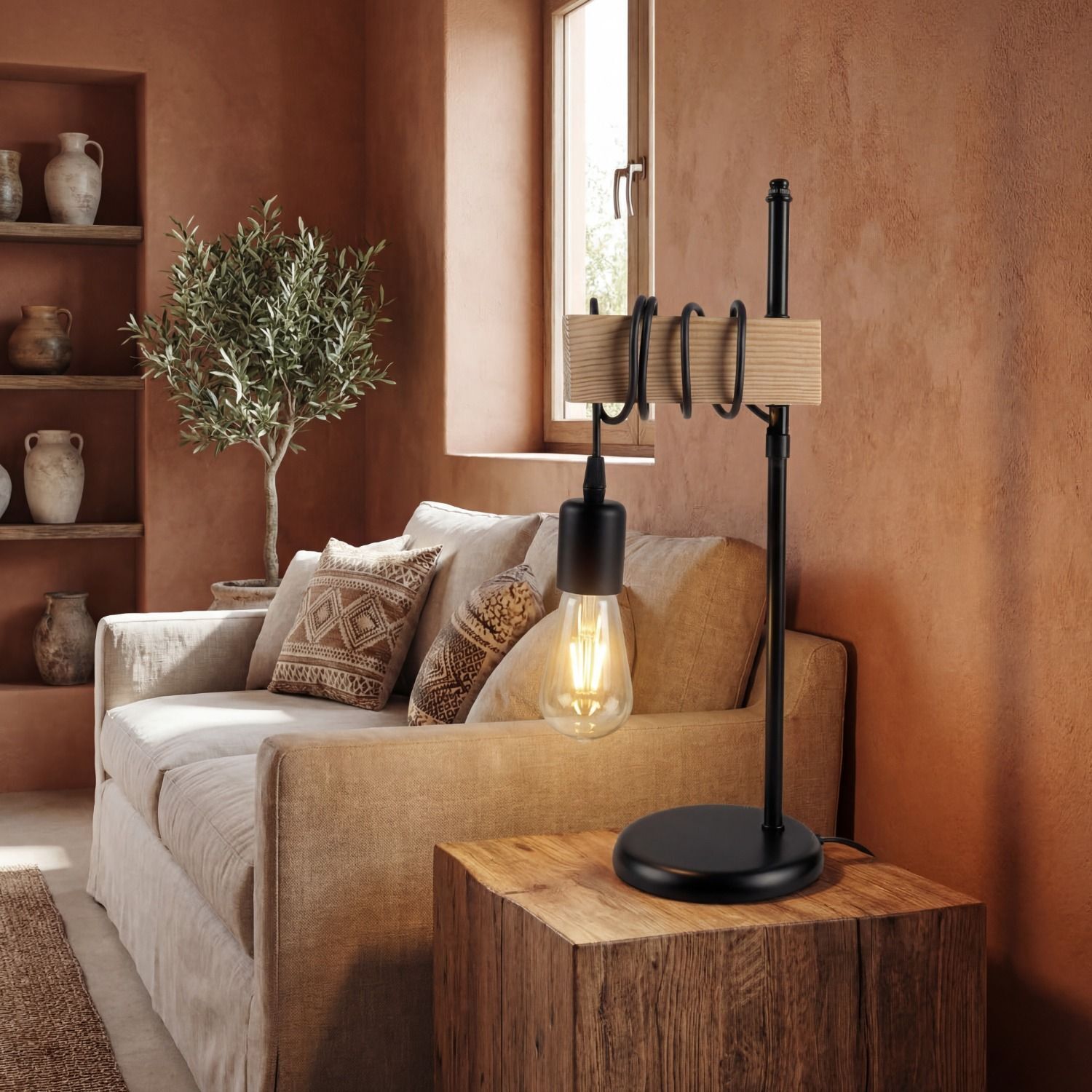 Tischlampe, Lampe, Industrie-Design, Edison-Birne, Holztisch