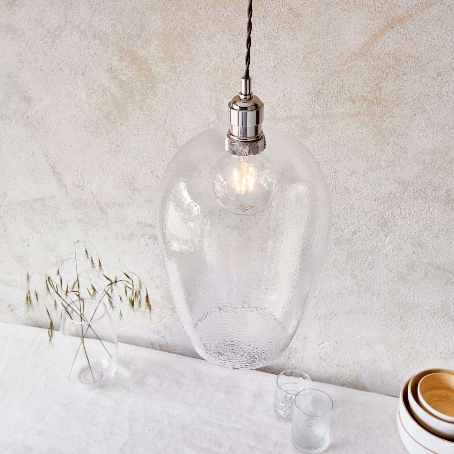 Lampe à suspendre E27 verre métal Ø 25 cm étroit nickel brillant