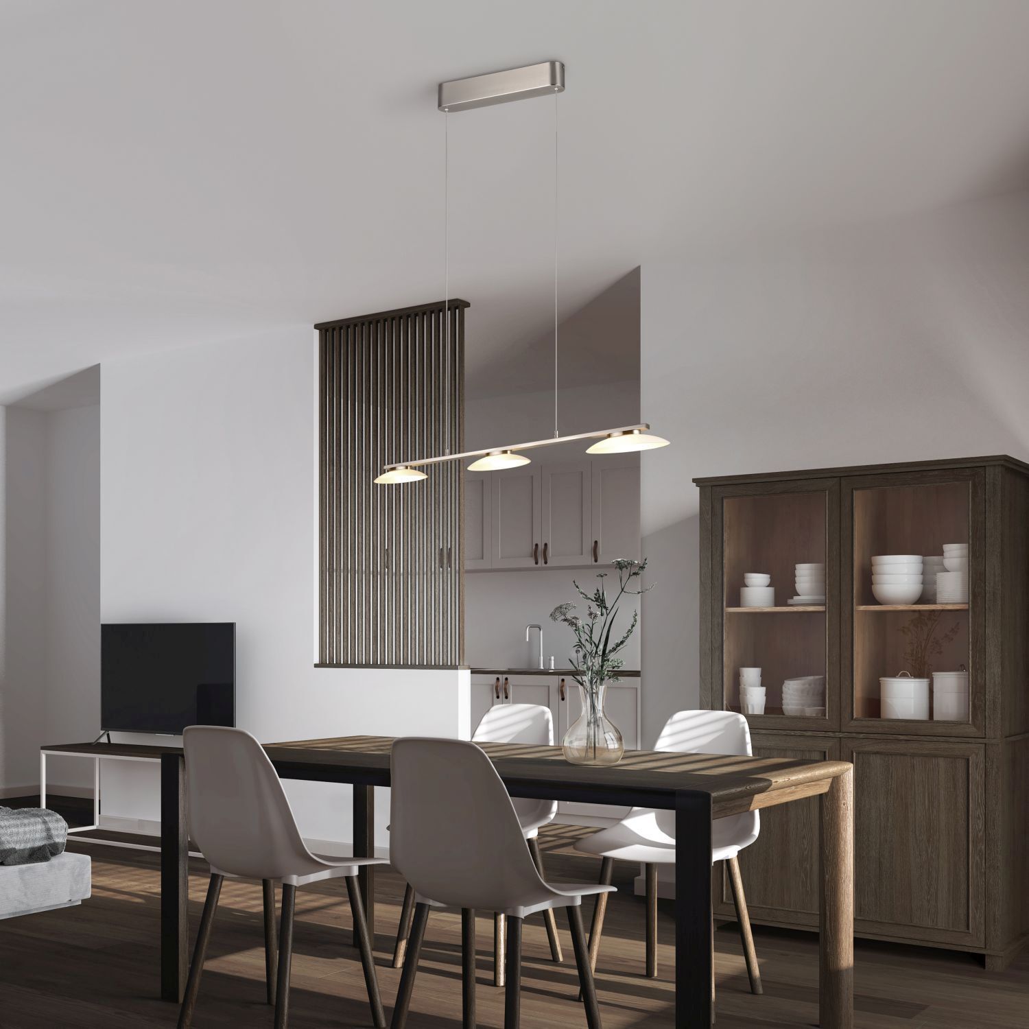 LED Hängeleuchte Metall Glas Nickel 3-flammig 102 cm Esszimmer, Esstisch, Mobiliar, Tabelle, Innenarchitektur