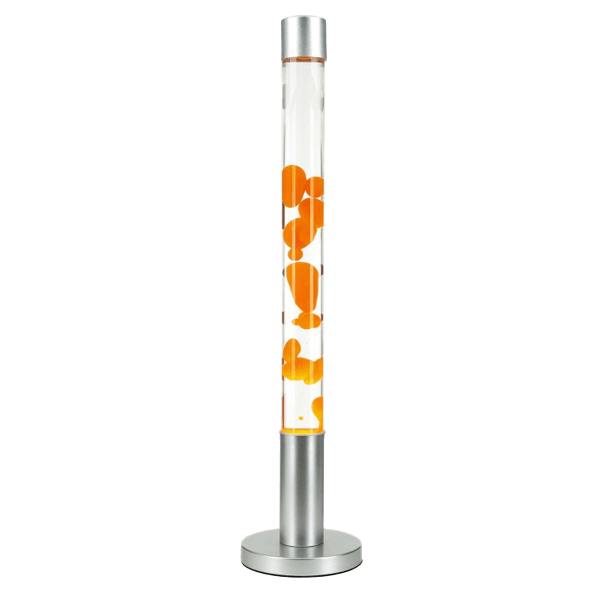 lava lamp, orange shapes, glass tube, metal base, lampe à lava