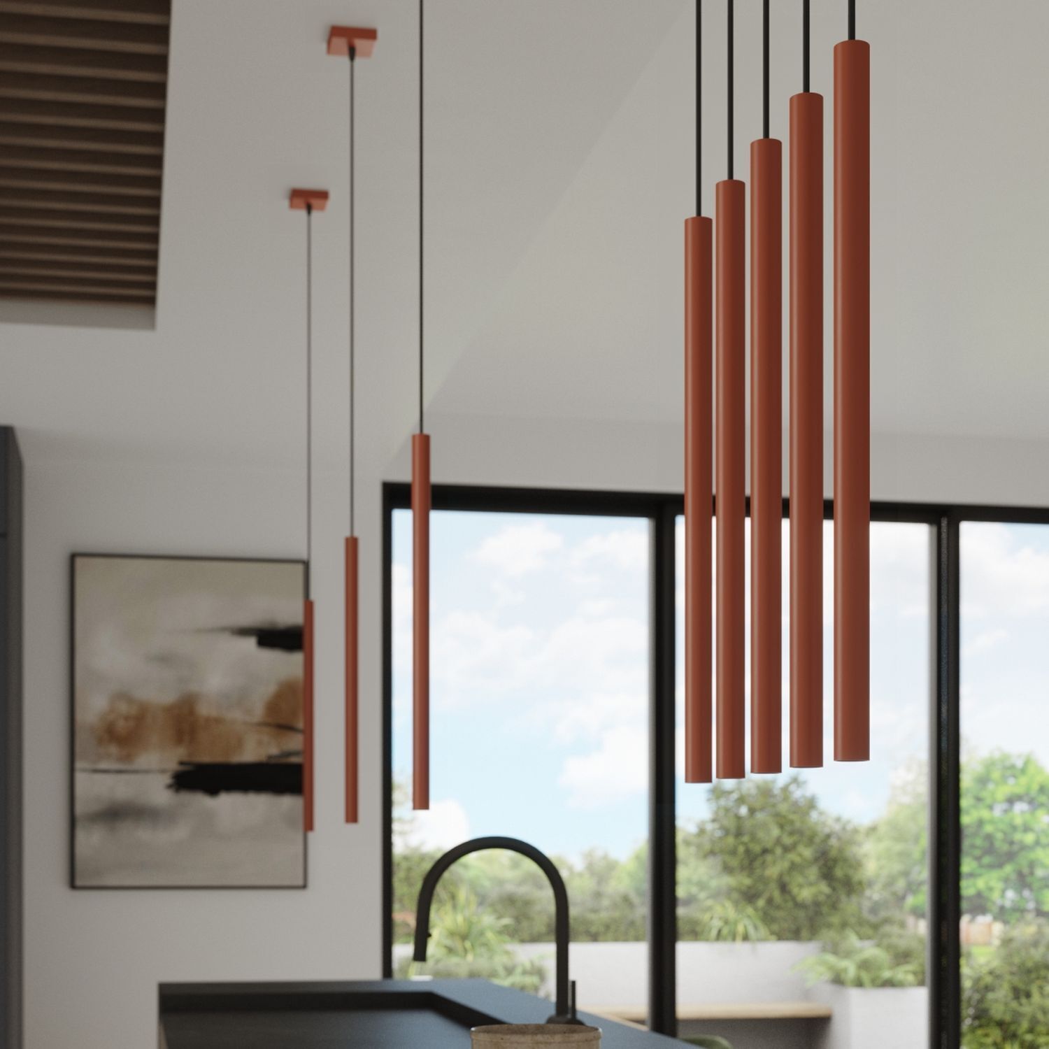 pendant lights, rote Zylinder, Kücheninsel, Innenbeleuchtung, hängende Leuchten