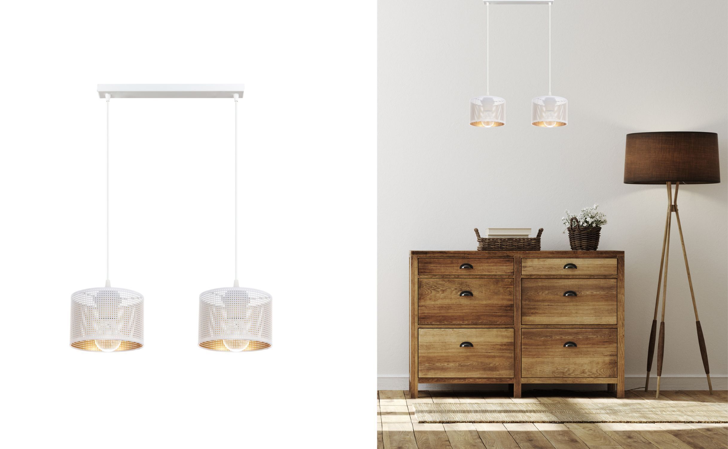 Beleuchtungsarmatur, Hängeleuchte, Zweifach-Lampe, Metallnetz-Schirm, weiße Leuchte