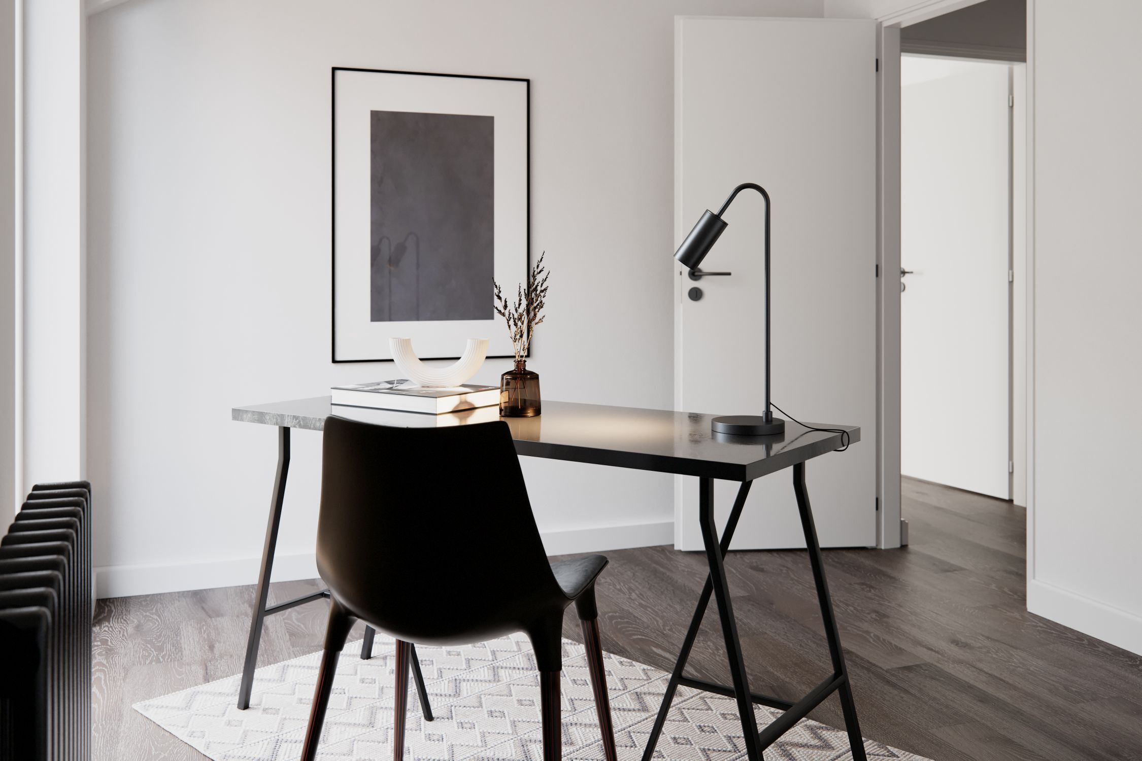 home office, Schreibtisch, Lampe, schwarzer Stuhl, minimalistisch