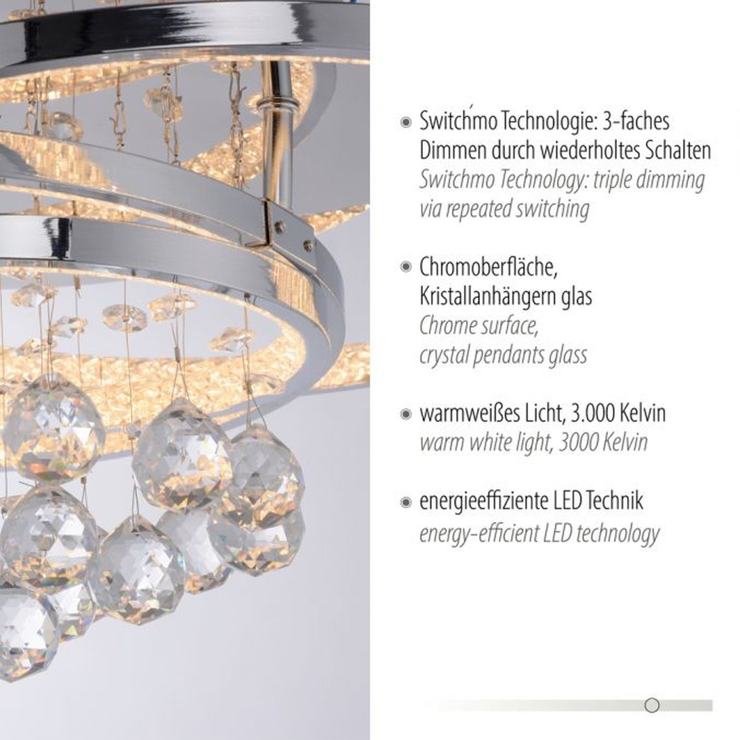 LED Deckenlampe mit Kristallanhänger in Chrom warmweiß Leuchter, Lampe, Deckenleuchte