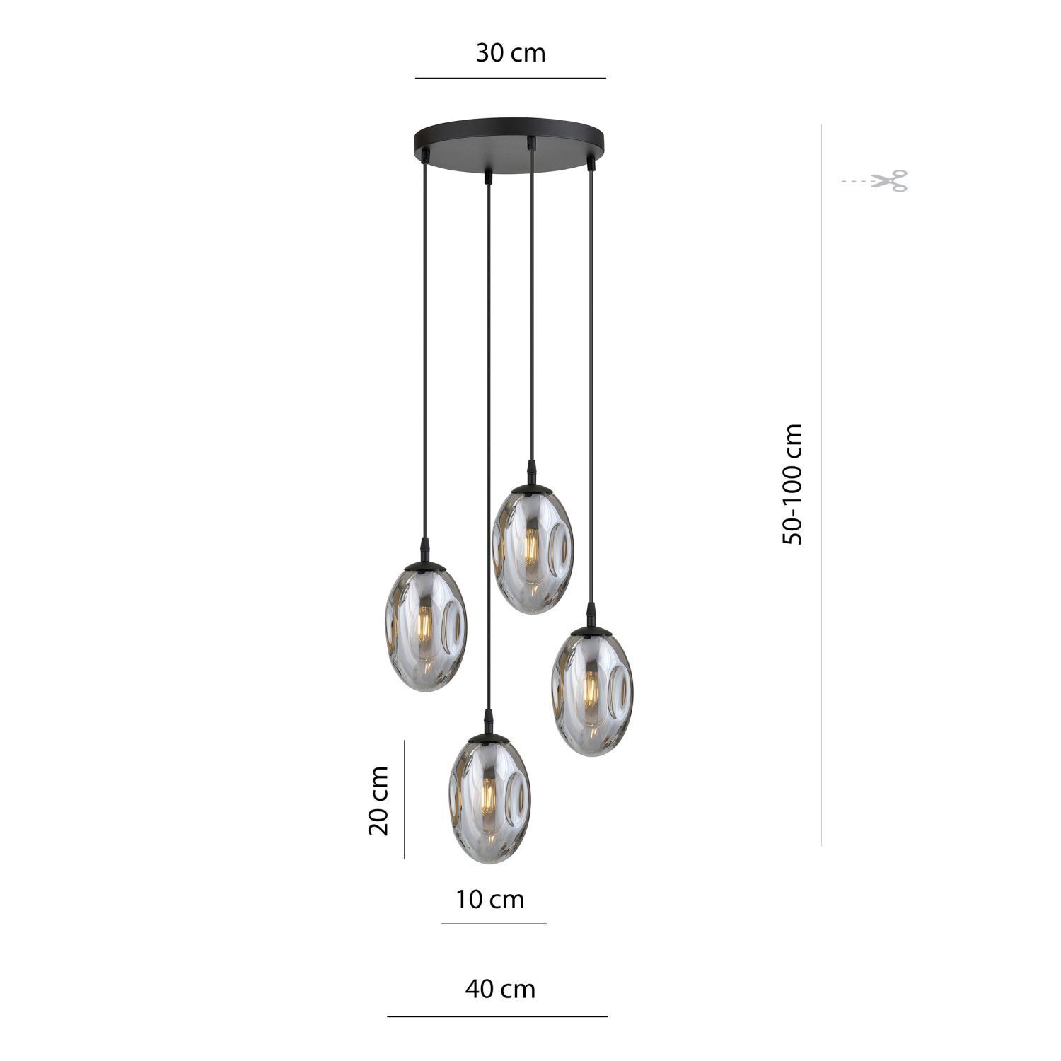 Suspension noir gris 4 flammes E14 verre fumé