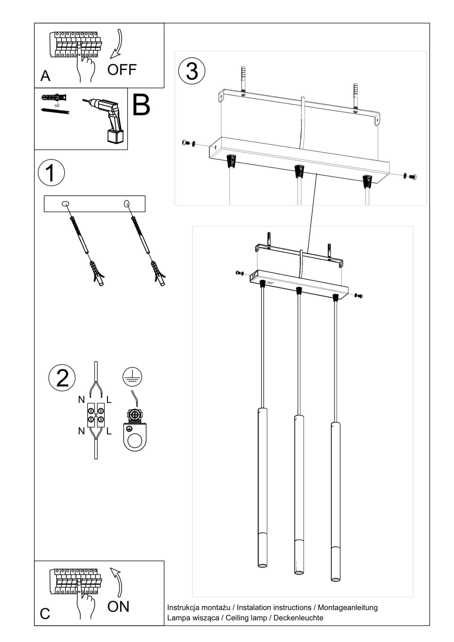 Lampe à suspendre métal noir or allongée 3 flammes G9