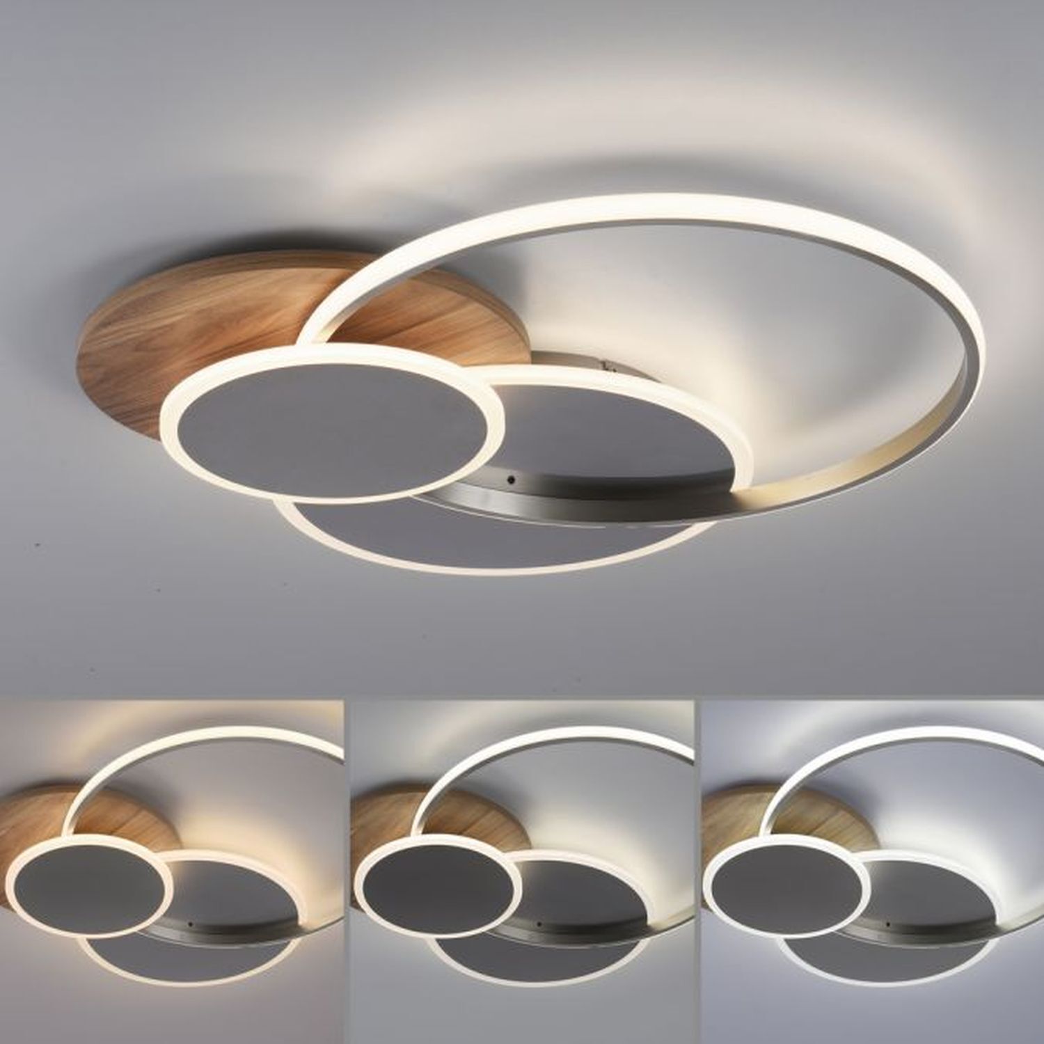 Lampe de plafonnier LED stylé anneaux en bois 6000 lm dimmable Deckenleuchte, Leuchte