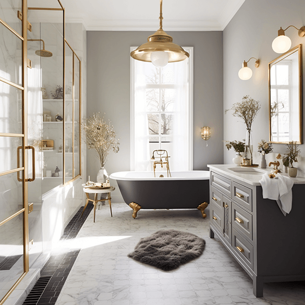 Badewanne, Freistehende Badewanne, Grau, Goldene Akzente, Badezimmer-Dekor