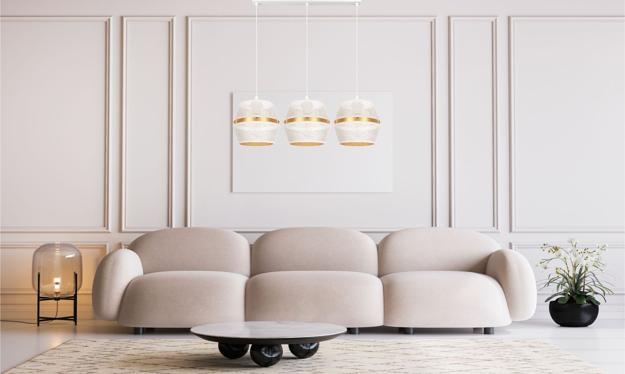 Suspension métal blanc or E27 70 cm long 3-flamme