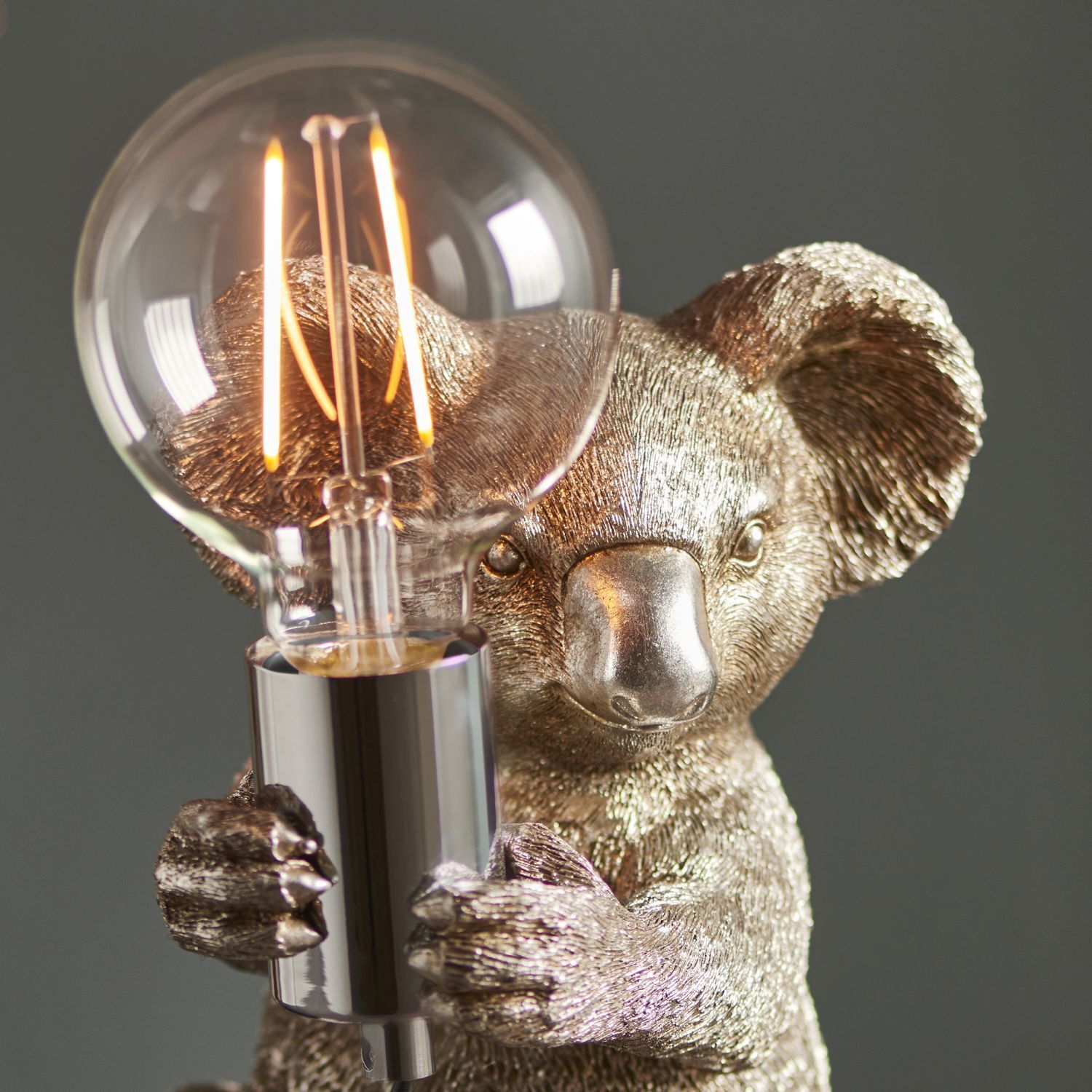 Lampe de table 23 cm argent antique Koala en polyrésine métal E27
