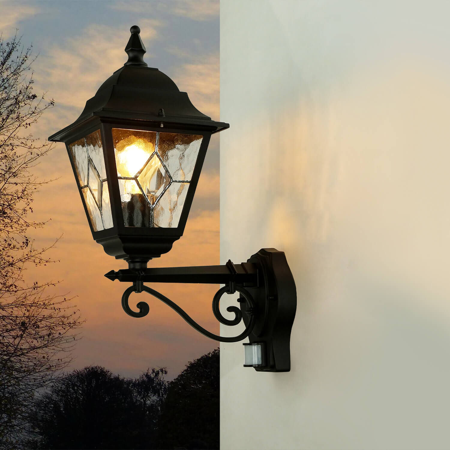 Lampe de cour noire avec détecteur de mouvement IP43 LEADWORTH