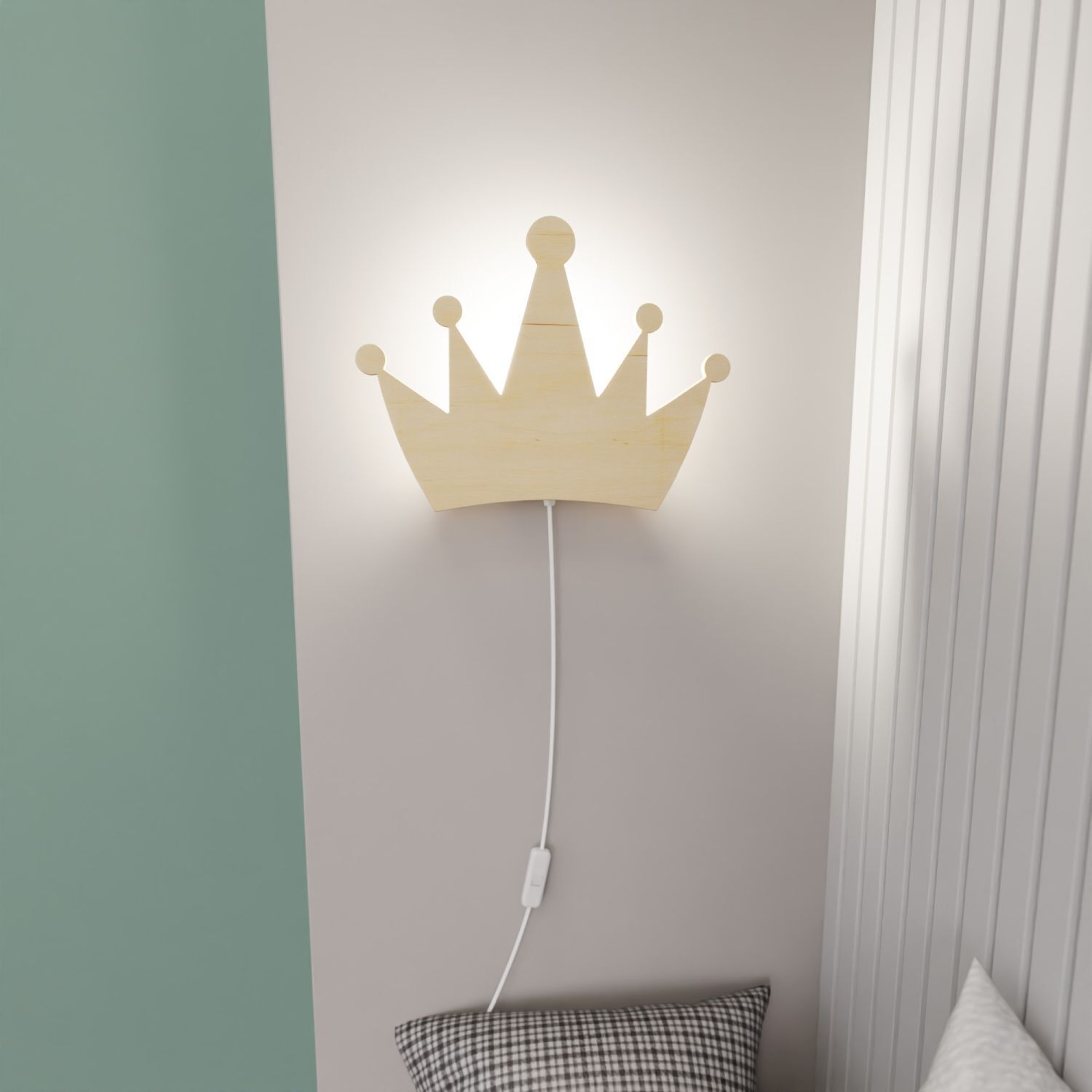 Applique murale chambre d'enfant avec fiche interrupteur couronne E14 bois