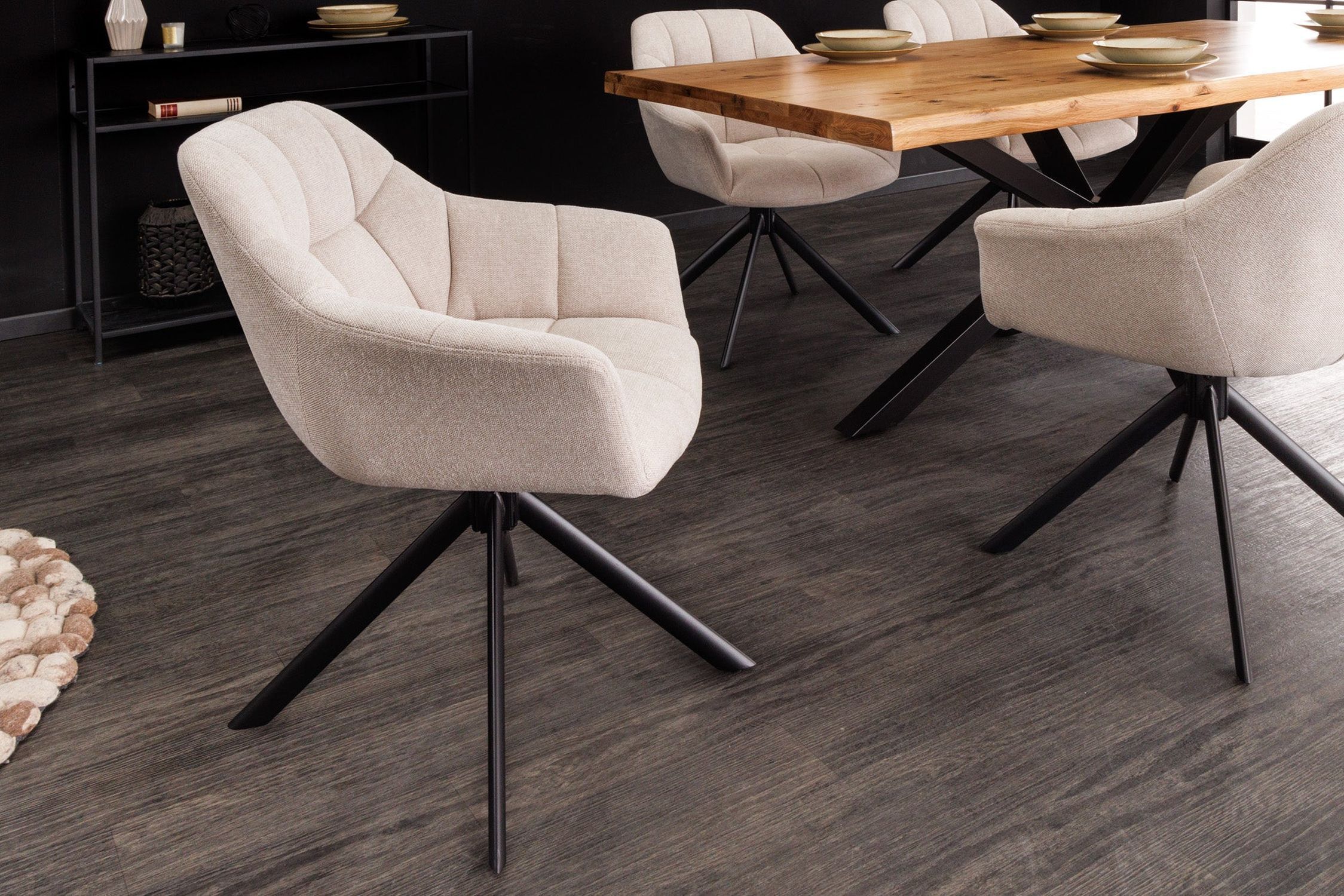 Chaise de bureau sans roulettes Crème Beige Noir Tissu Métal Rétro Moebel, Fußboden, Stuhl, Holz, Innenarchitektur