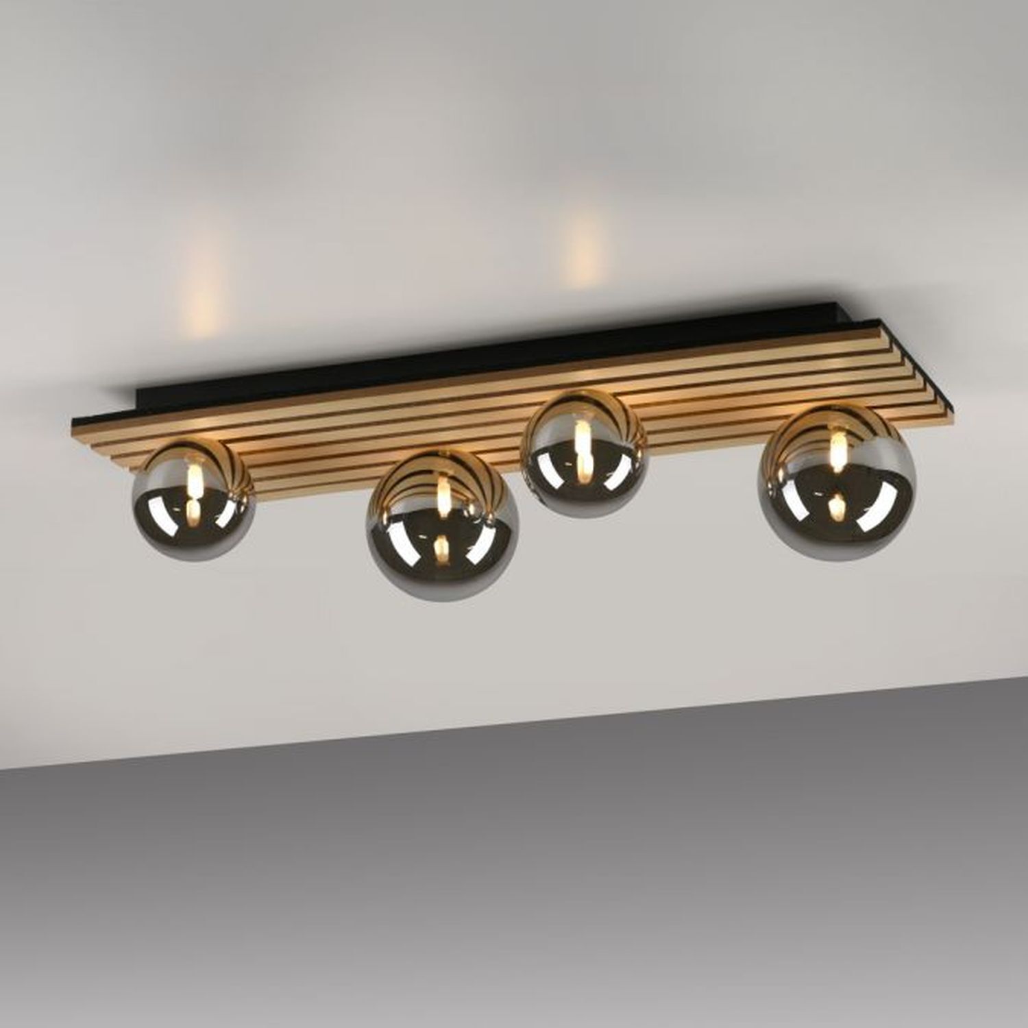 Wohnliche Deckenlampe Glaskugeln Holz G9 80 cm Natur Deckenleuchte