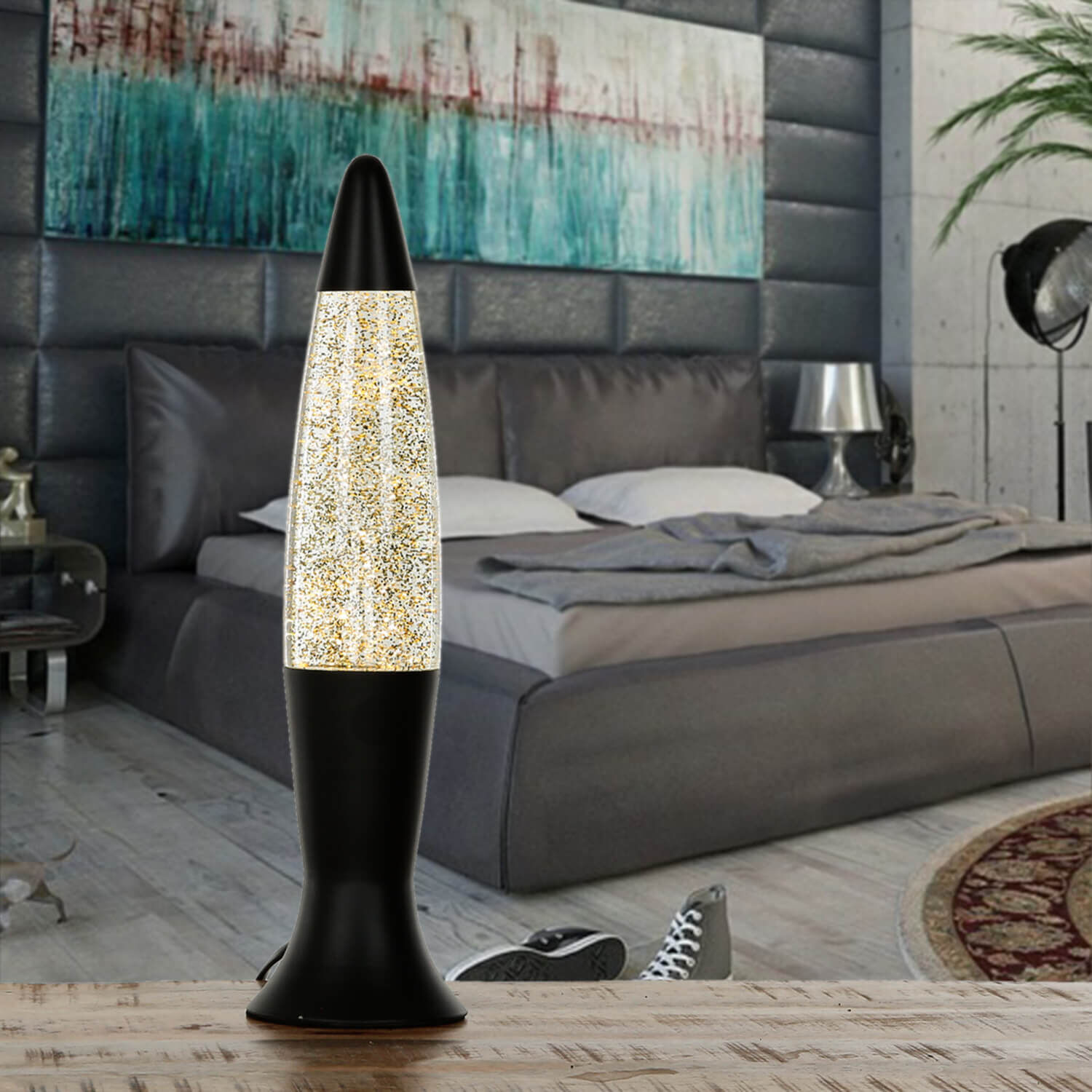 Lampe à Lave Noir Or Paillettes 40 cm Rétro ROXY