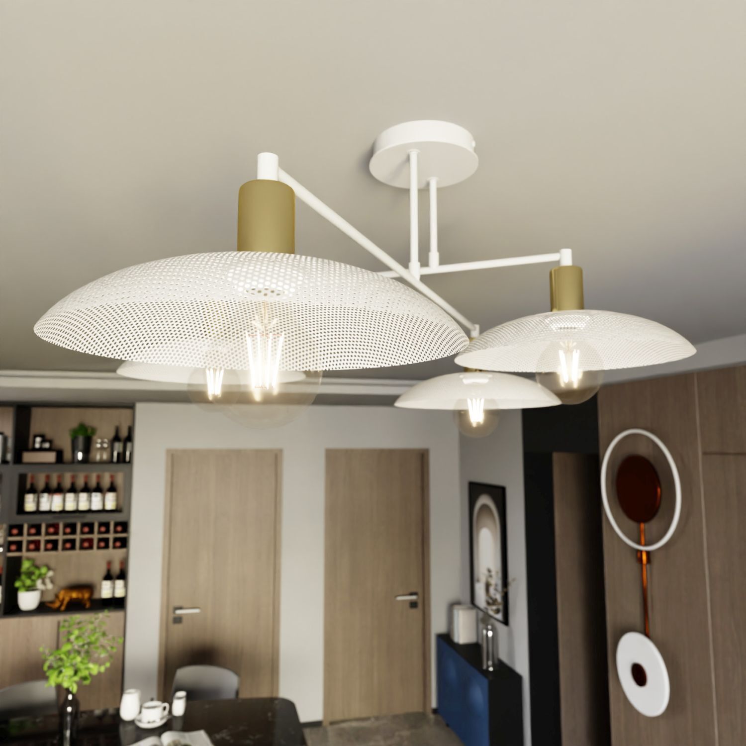 Lampe de plafond blanc or 100 cm de long E27 4-flamme métal