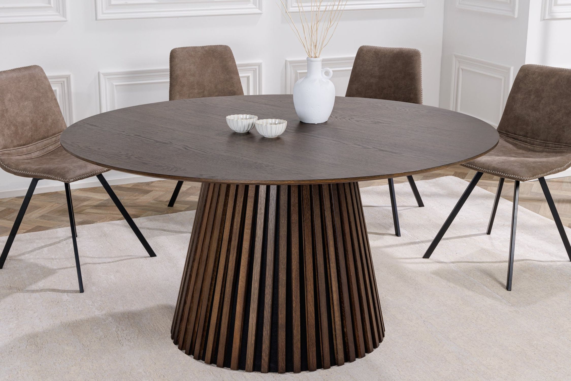 Table de salle à manger brun foncé ronde Ø 140 cm pied colonne Japandi Moebel, Tabelle, Tischplatte, Kaffeetisch, Esstisch