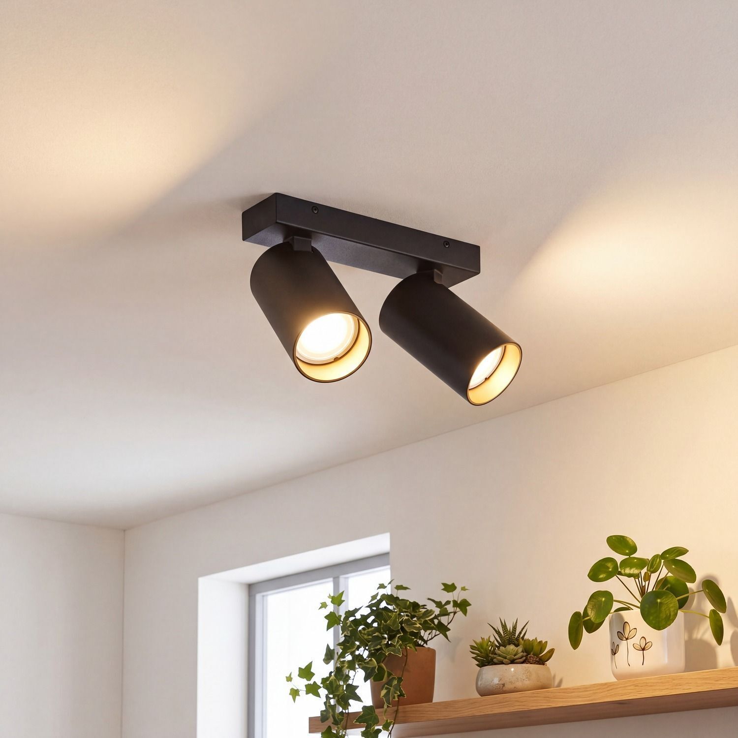 deckenleuchte, spotlights, zwei-lampen, schwarz, modern