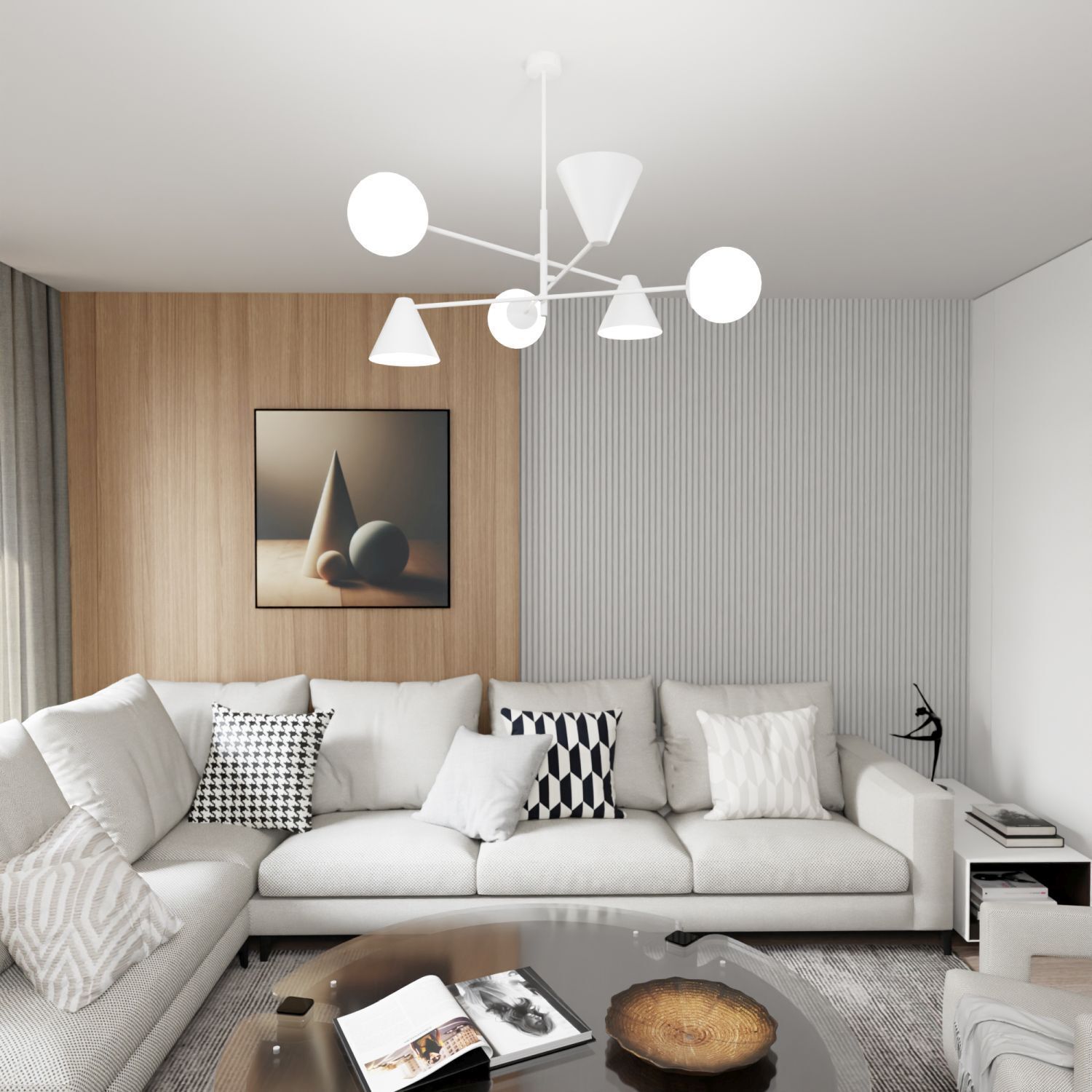 Lampe de plafond verre métal E14 L:86 cm blanc 6-flmg Moderne