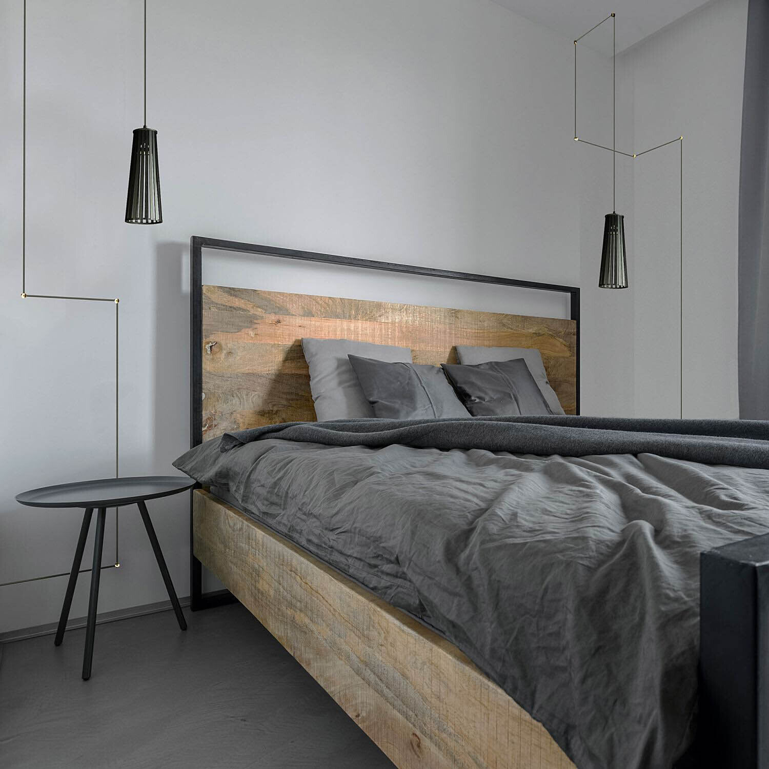 bett, kopfkissen, bettgestell, grau, nachtisch