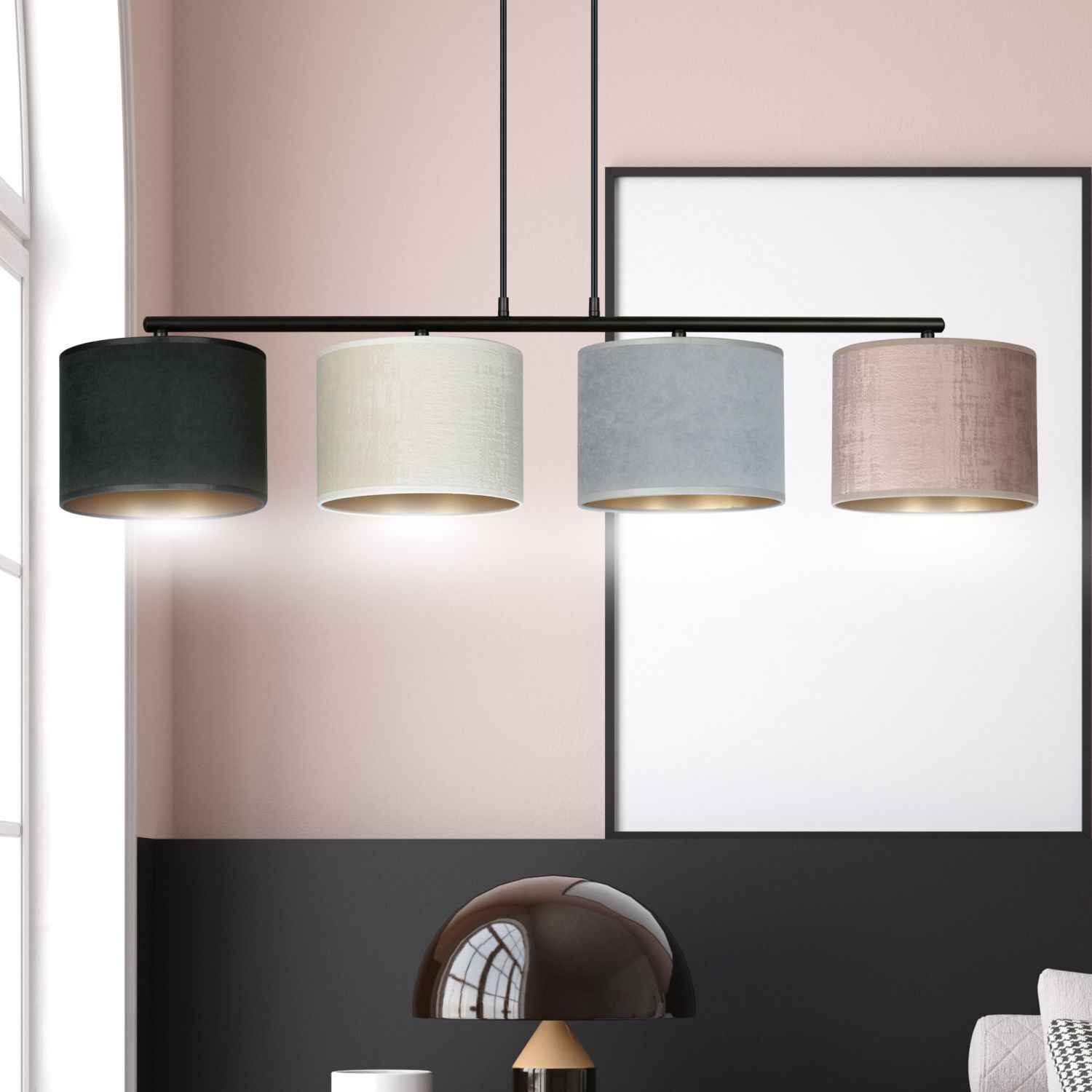 haengelampe-pendelleuchte-gold-wohnzimmerlampe-cyril-4x-e27-bis-15w-schwarz-grau-rosa-weiss-gold-le111045-06 Küchenlampe, Hängelampe, vier Lampenschirme, schwarz weiß grau rosa, Moderne Beleuchtung