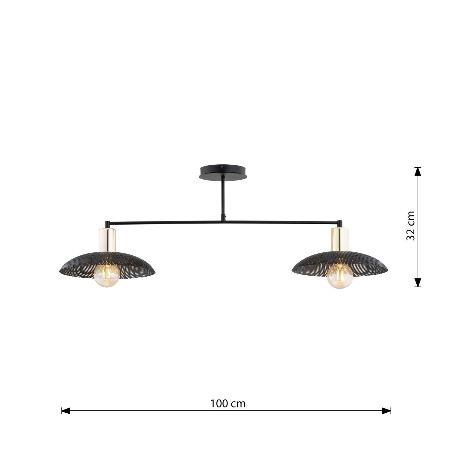 Plafonnier métal 100 cm de long noir or E27 2 flammes