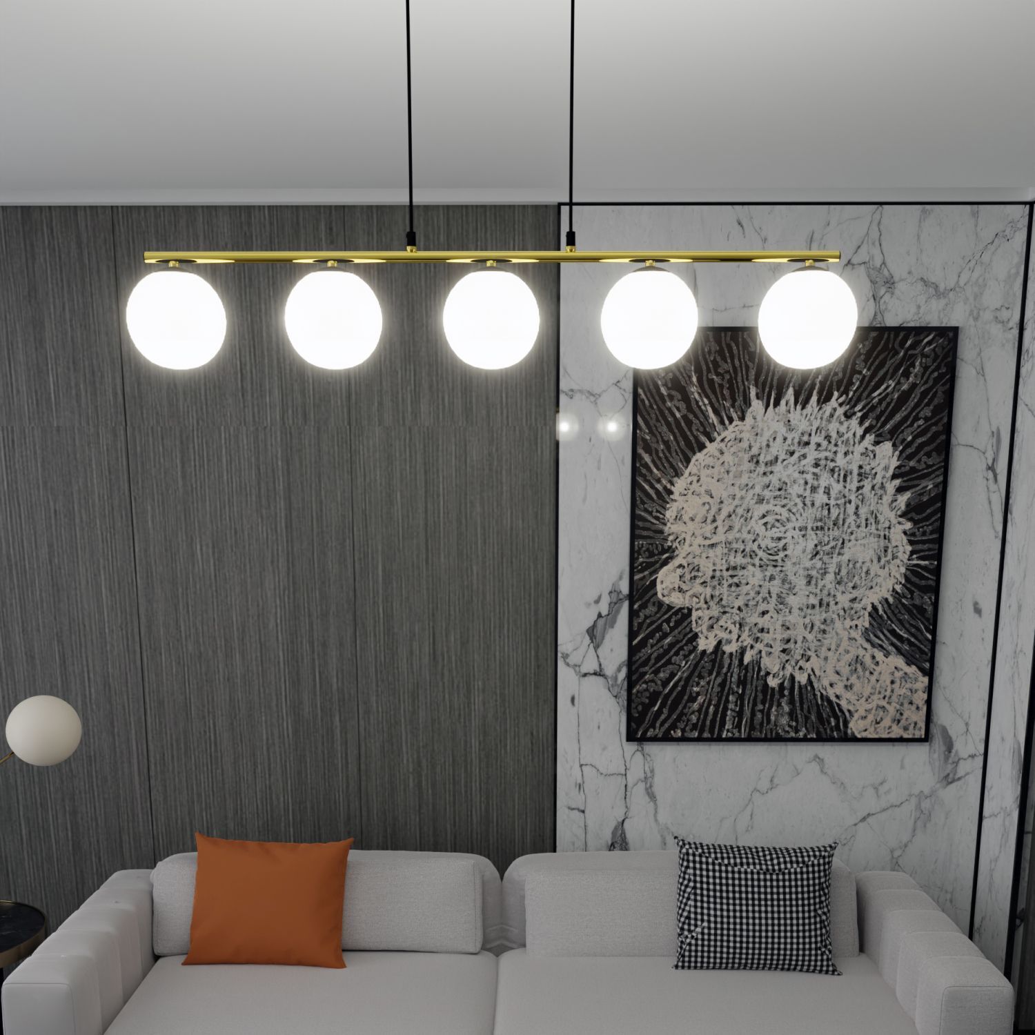 Suspension noir blanc or E14 verre métal 105 cm de long