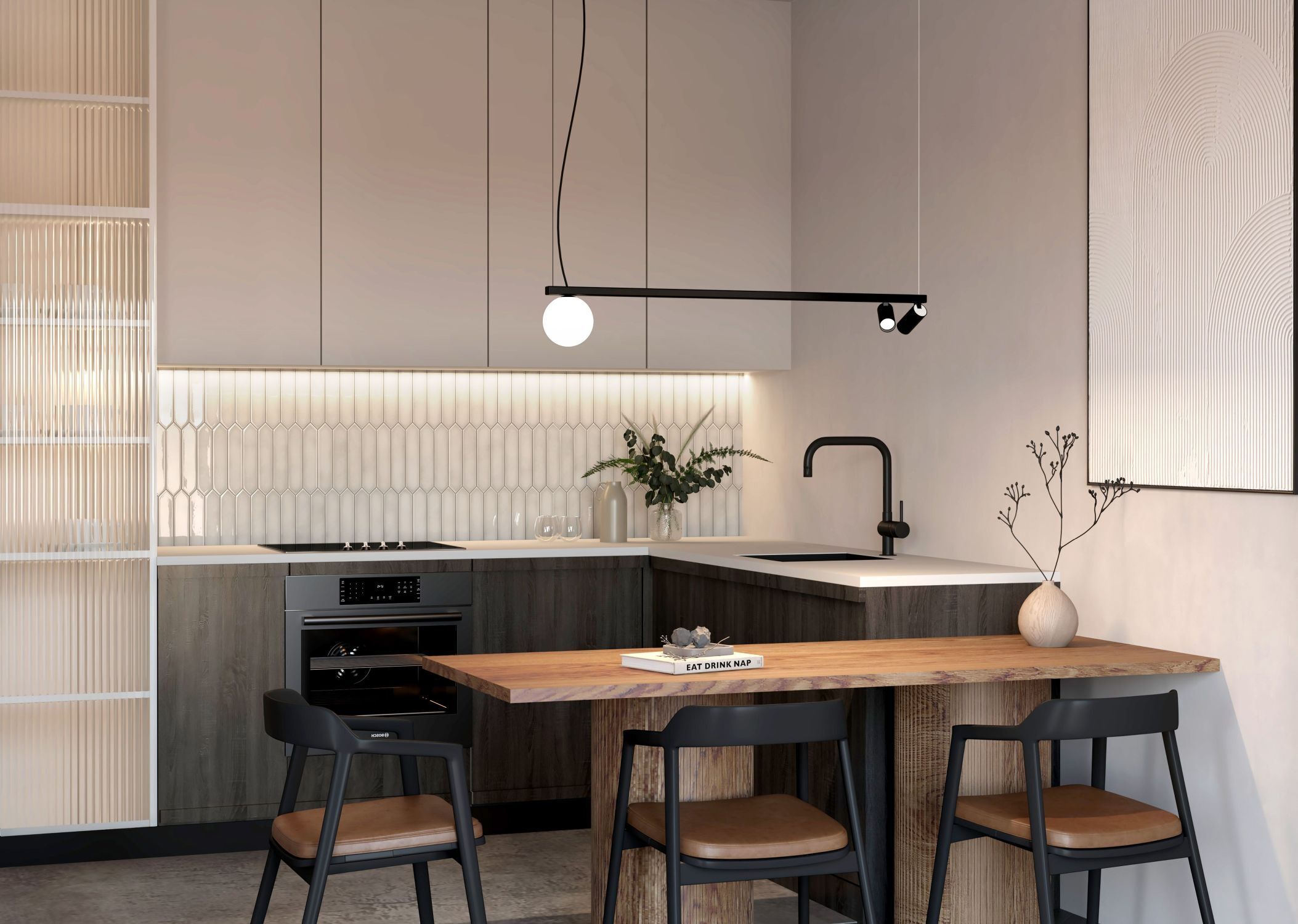 Küche, Kücheninsel, Spüle, Herd, Hängelampe