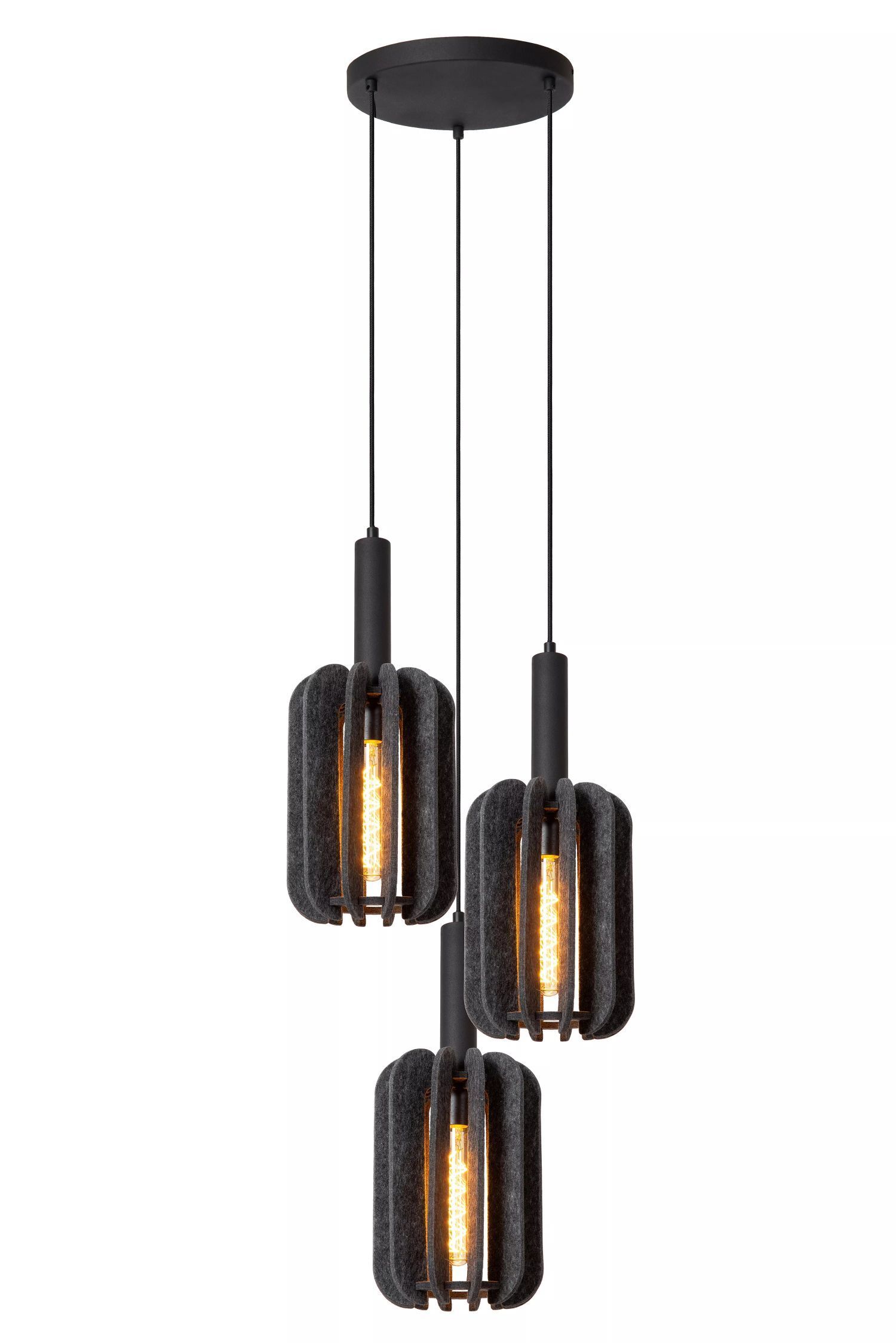 Hängelampe Filz Metall Grau Schwarz E27 B:50 cm 3-flmg Leuchter, Lampe