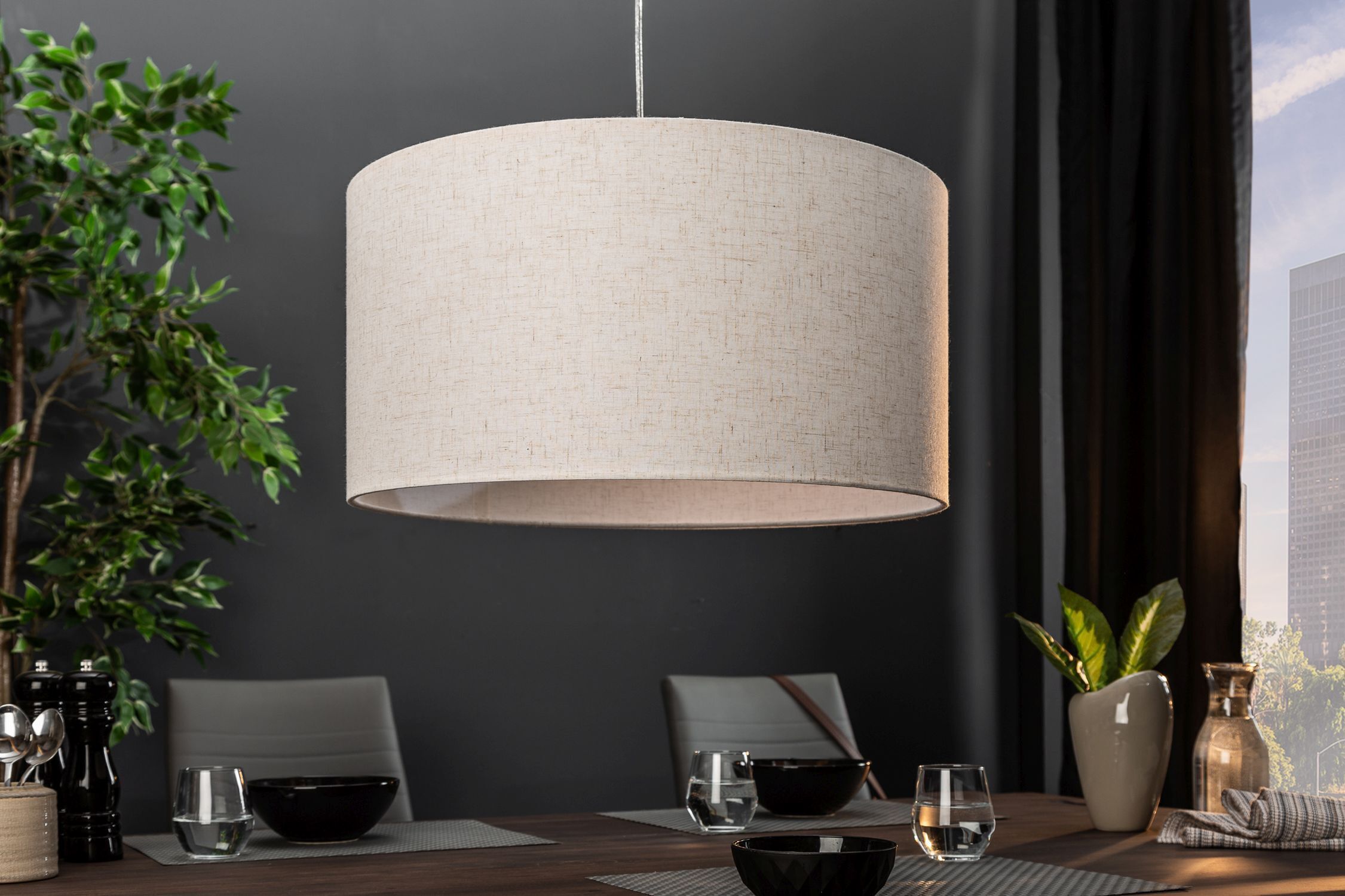 Runde Pendelleuchte Stoff E27 Ø55 cm Modern in Natur Lampe, Tasse, Innenarchitektur, Stuhl, Pflanze