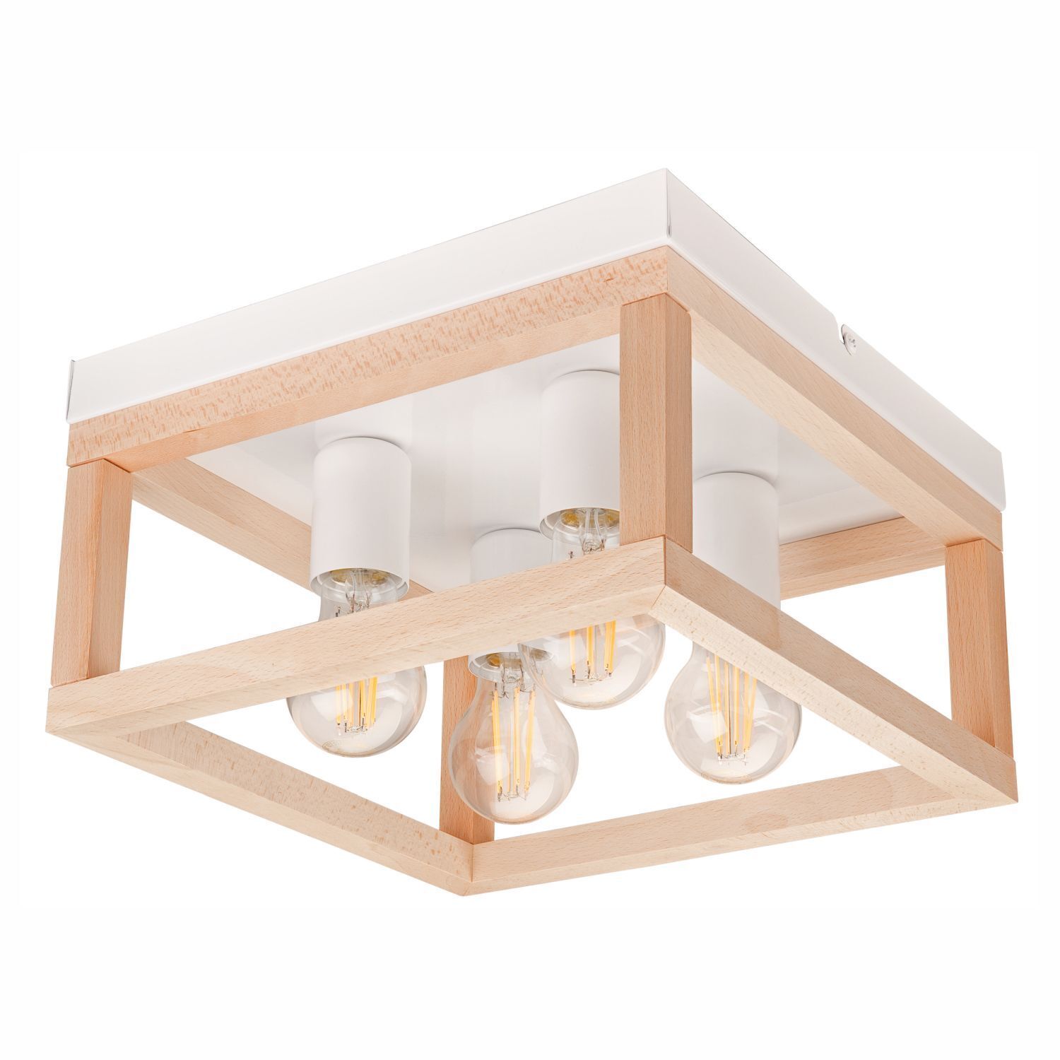 Plafonnier bois métal 4 flammes E27 L : 30 cm carré