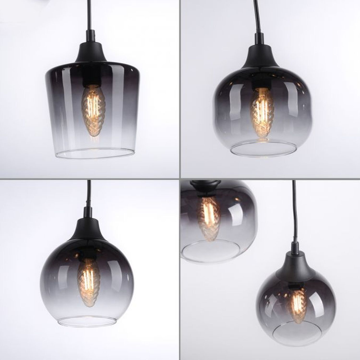 Suspension verre métal gris fumé noir E14 L:38 cm