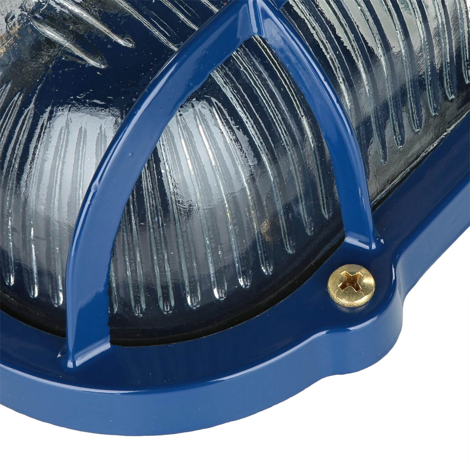 Globe/roundes Licht?, Glaslinse, Blauer Rahmen, Schraube sichtbar, Außenleuchte