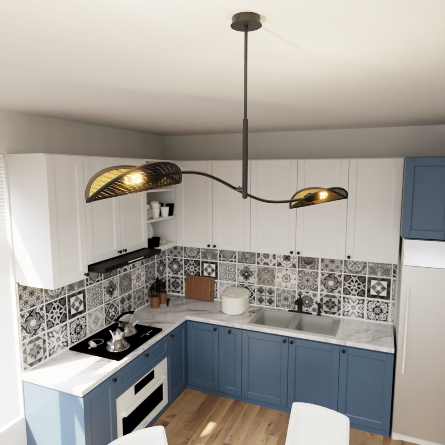 Deckenlampe Stoff Metall 103 cm lang drehbar in Schwarz Gold Drinnen, Küche, Innenarchitektur, Kochfeld