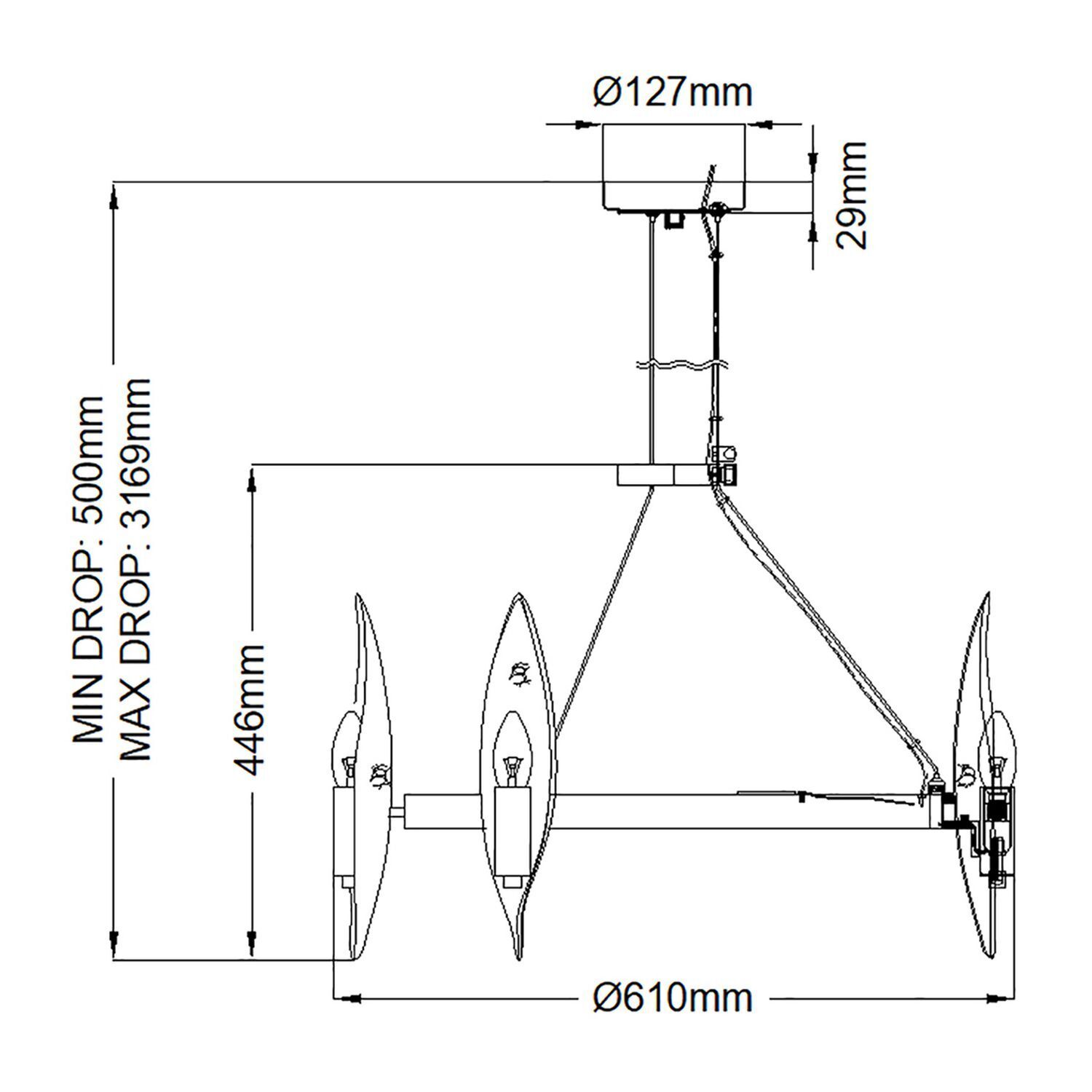 Lustre métal Ø 61 cm Anneau H : max. 316,9 cm Noir Or Bogen, Waffe