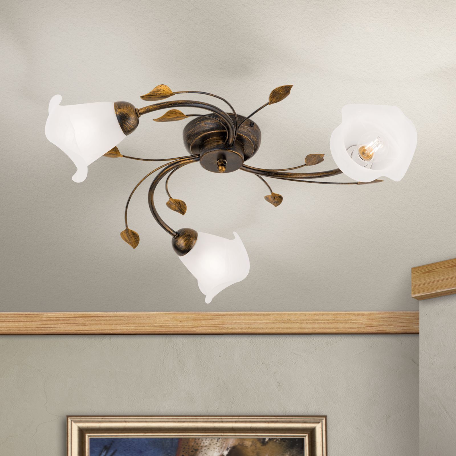 Deckenlampe Metall Glas B: 60 cm Shabby Antik Weiß E14 Deckenleuchte, Kronleuchter, Bronzefarben, Blumenmotiv, Gläserne Lampenschirme
