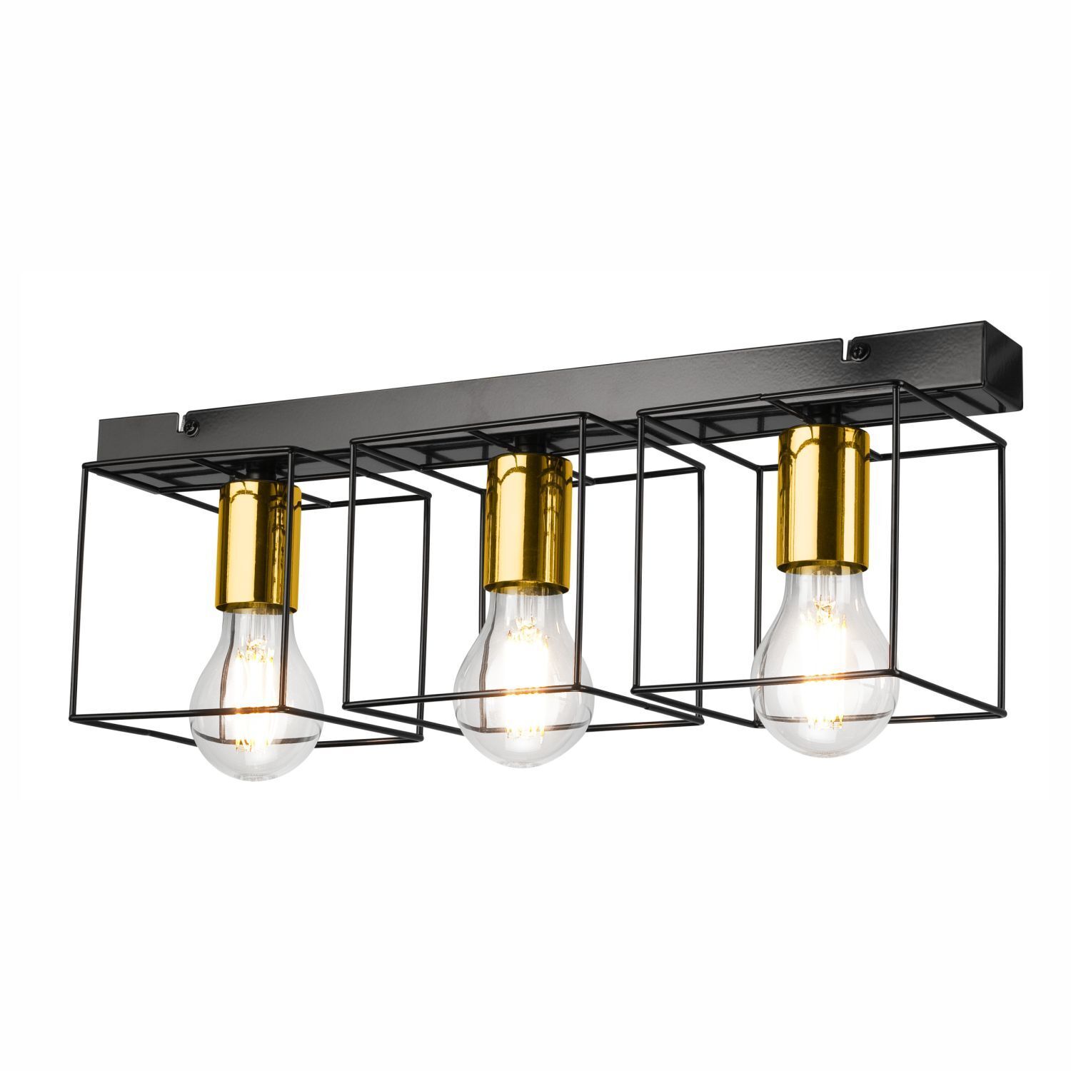 Plafonnier métal noir or 3 flammes E27 50 cm de long