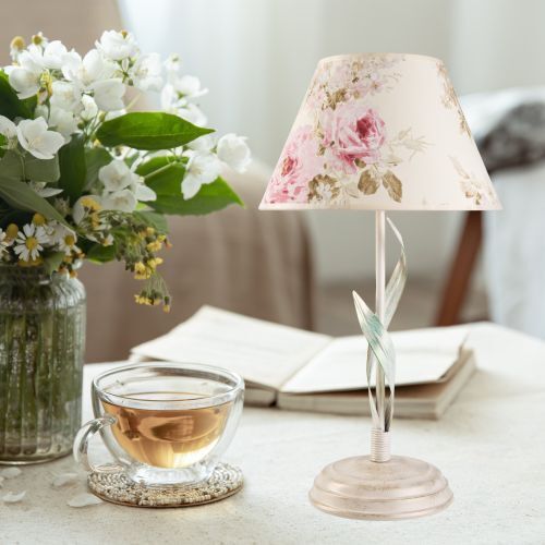 Lampe de table métal shabby blanc tissu rond maison de campagne