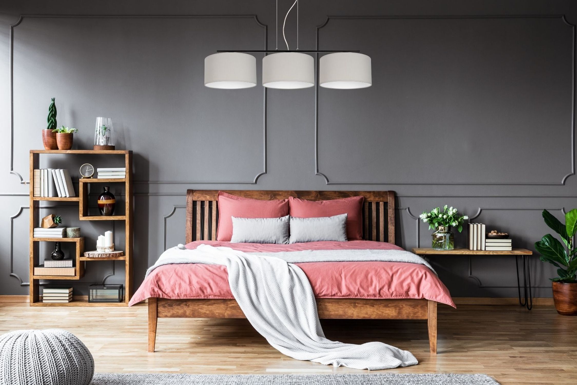 Blendarme Pendelleuchte Stoff Schwarz Grau E27 L:100 cm Bett, Holzbetten, rosa Bettwäsche, graue Wand, Dekos Regal