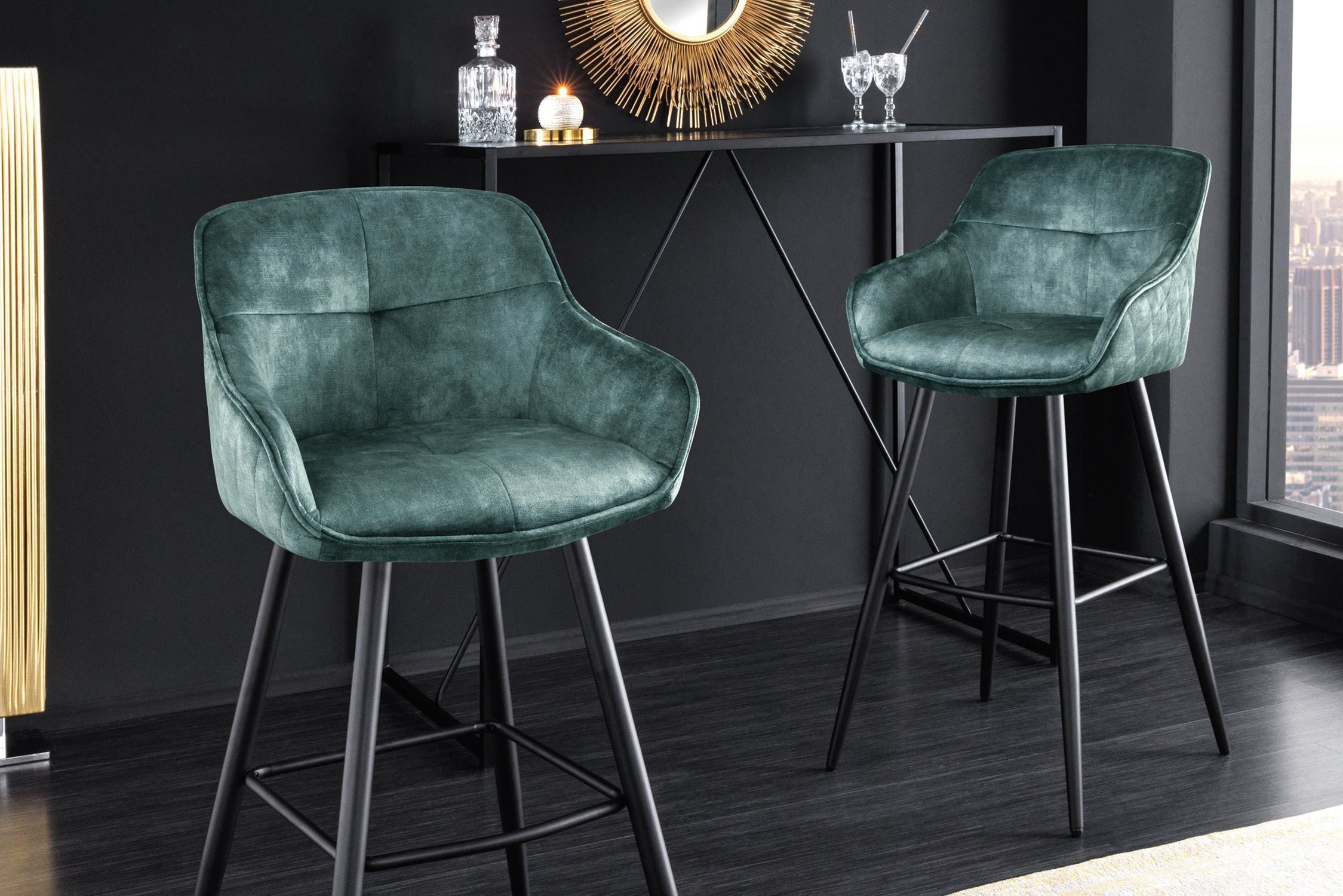 Barhocker mit Lehne Retro in Petrol Schwarz aus Samt Metall Moebel, Stuhl, Drinnen, Innenarchitektur