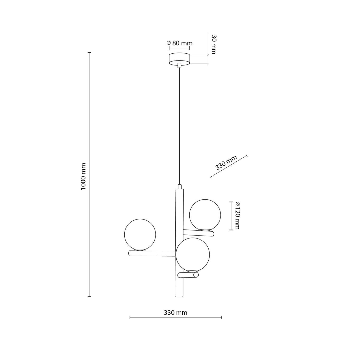 Lampe à suspendre bois métal verre L : 33 cm H : max. 100 cm 3x G9