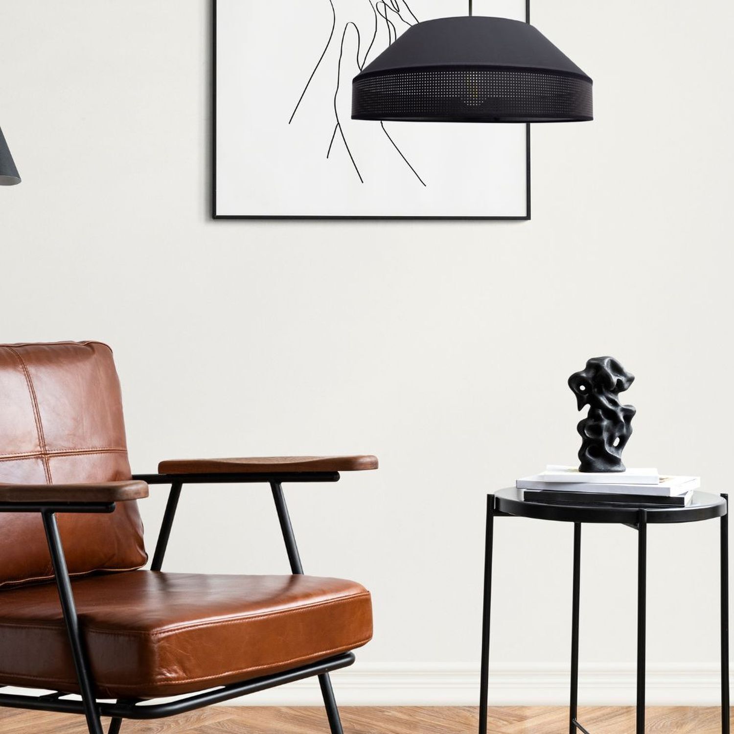 Schwarze Hängelampe blendarm Stoff wohnlich B:45 cm E27 Sessel, Leder, Braun, Beistelltisch, Kunstobjekt