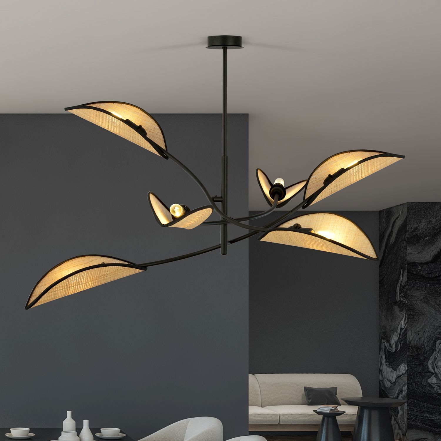 Plafonnier métal rotin 102 cm long pivotant E14 6 flammes
