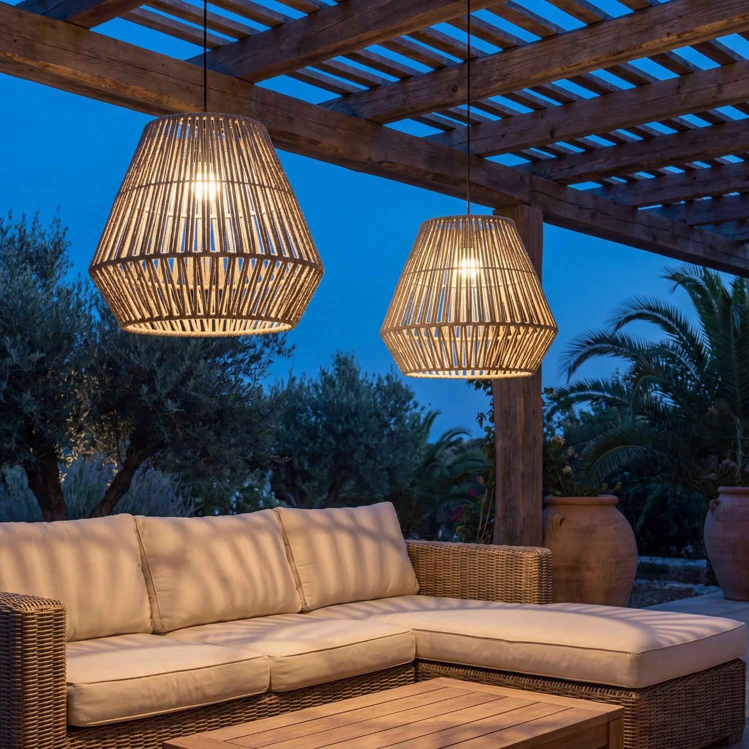 hängelampe, draußen, rattan, schirmpendelleuchte, lounge-setup