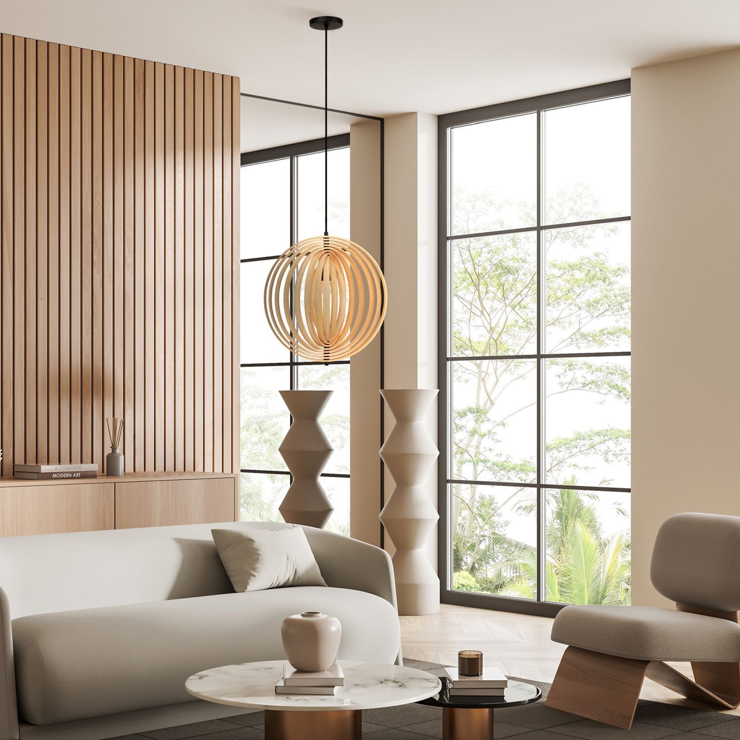 Suspension métal bois ronde D : 43 cm Noir Beige Drinnen, Innenarchitektur, Wohnzimmer, Zimmer, Holzpaneele