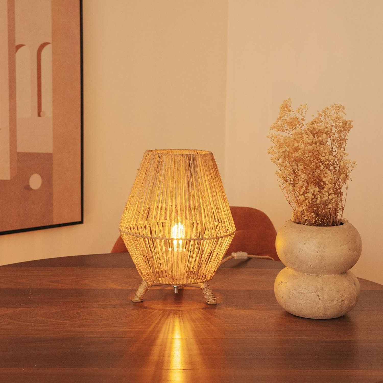 Beistelllampe Dreibein Rattan H: 32,5 cm E27 YILAN Lampe, Hartholz, Holz, Gebeiztes Holz